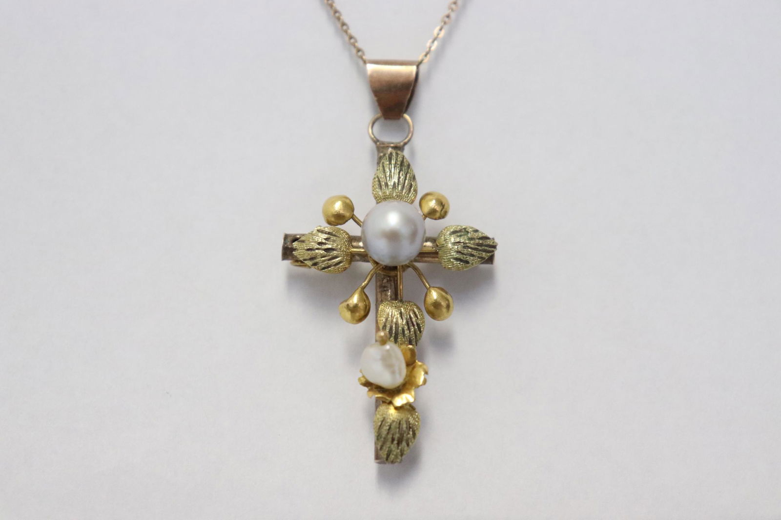 Victorian 9K rose gold pearl cross w/ 10K necklace (1 of 9)