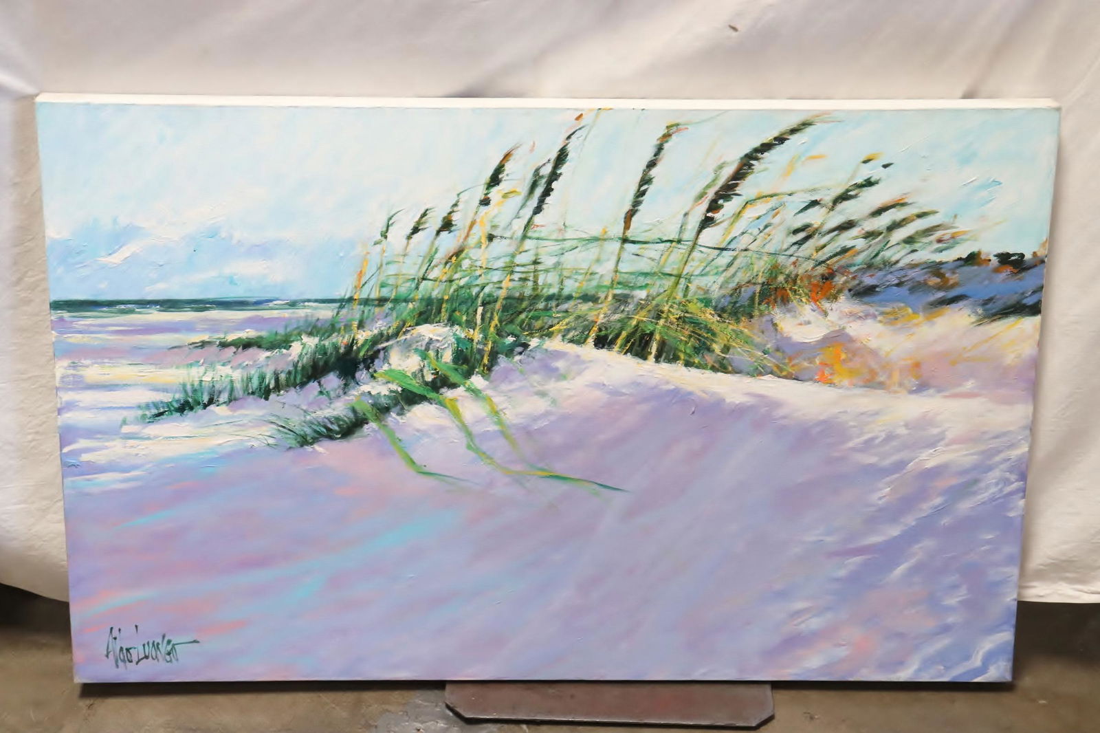 Large oil on canvas painting by Aldo Luongo: Large oil on canvas painting "seashore scene" by Aldo Luongo (New York, 1941- ), 25"x39.9"