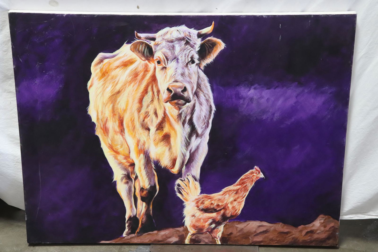 Large oil on canvas painting: Large oil on canvas painting "bull and chicken", attributed to Aldo Luongo (New York, 1941- ), 29.9"x40"