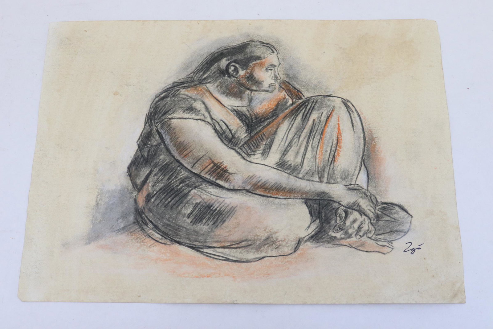 Color pencil/ charcoal on paper signed Zuniga: Color pencil/ charcoal on paper "seated woman" signed Zuniga, attributed to Francisco Zuniga (Mexico, 1912-1988), 9.15"x13"