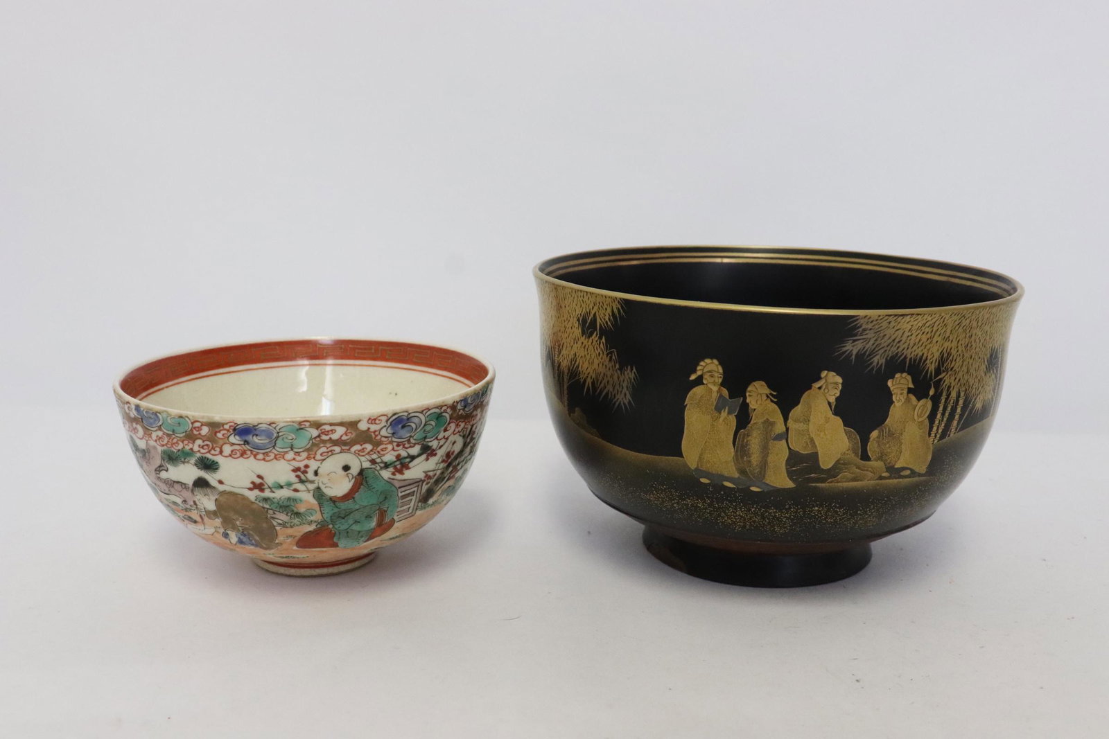2 pieces; antique Japanese kutani bowl, and a Japanese lacquer bowl: 2 pieces; antique Japanese kutani bowl (2.3"x4.4"dia), and a Japanese lacquer bowl (3.5"x5.75"dia)