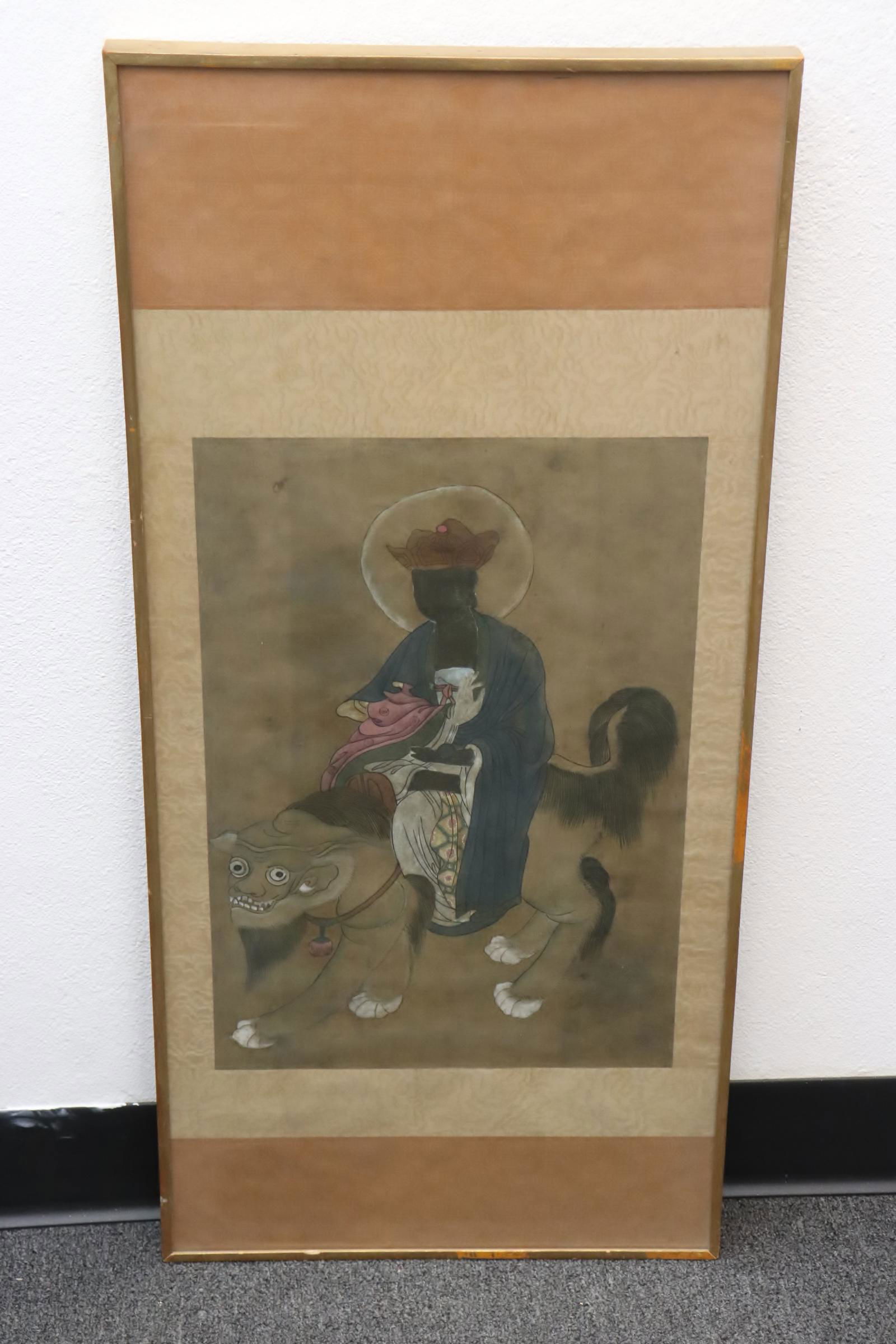 Chinese antique watercolor on silk: Chinese antique watercolor on silk "deity on qilin", collection of Palm Spring gentleman, 34.4"x15.5"