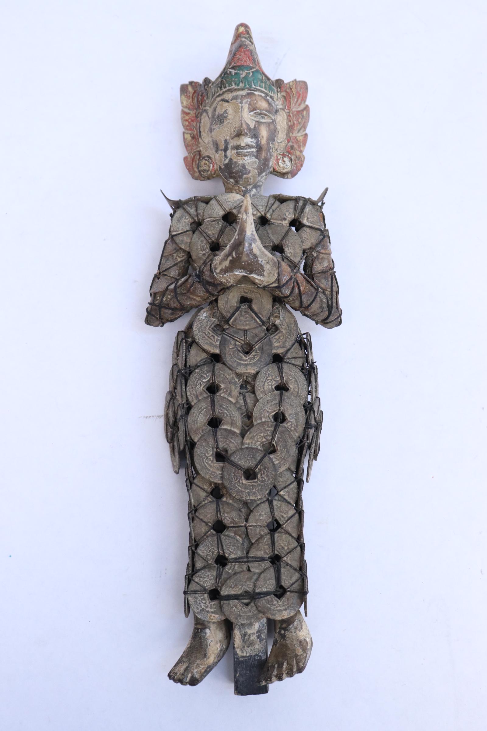 Antique South Asia deity decorated w/ antique coins: Antique South Asia deity decorated with Chinese antique coins, 12.4"H