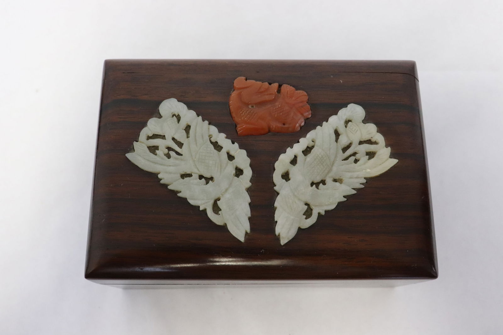 Chinese rosewood box w/ jade & coral overlay (1 of 6)