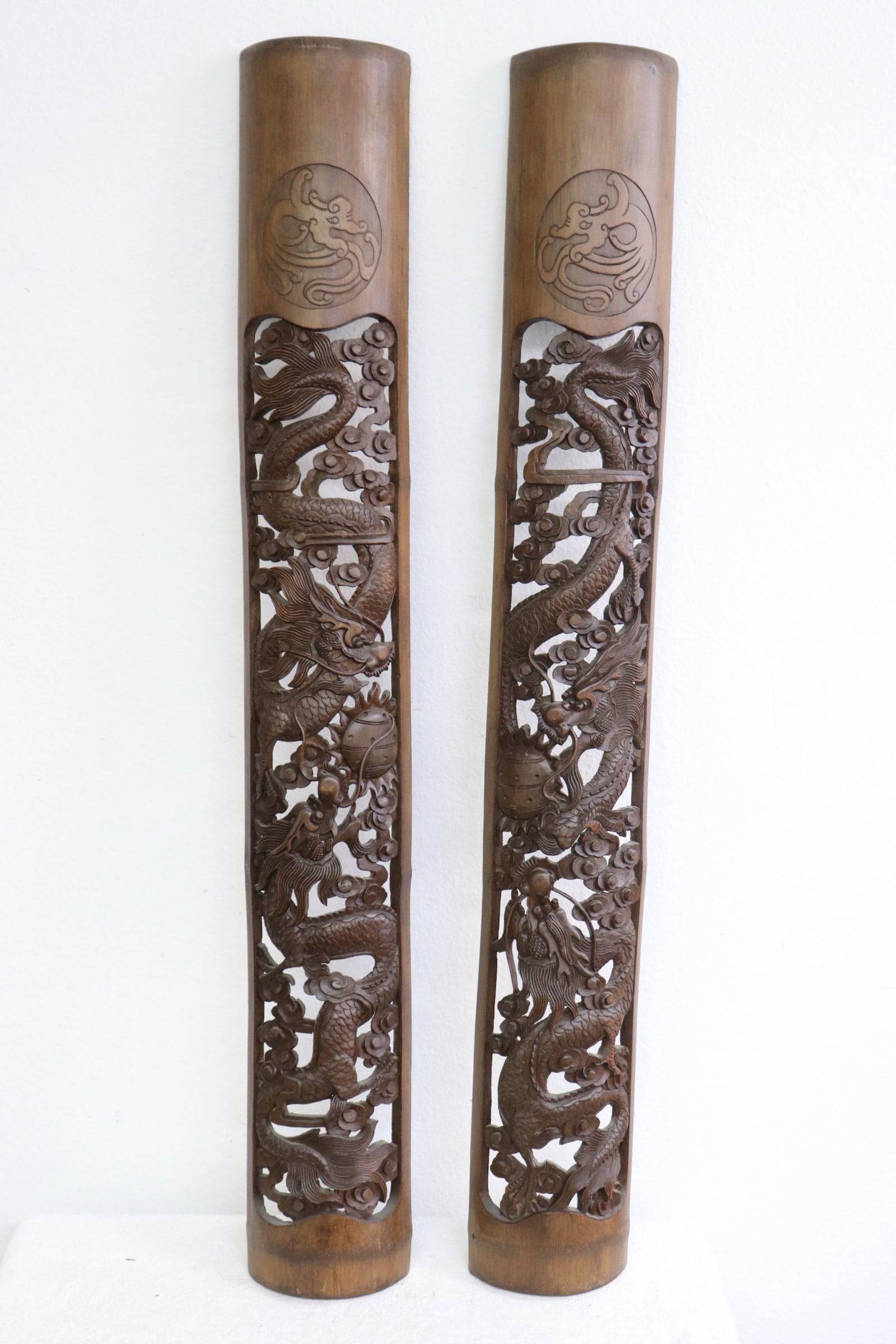 Pair Chinese vintage bamboo carved wall plaque (1 of 8)