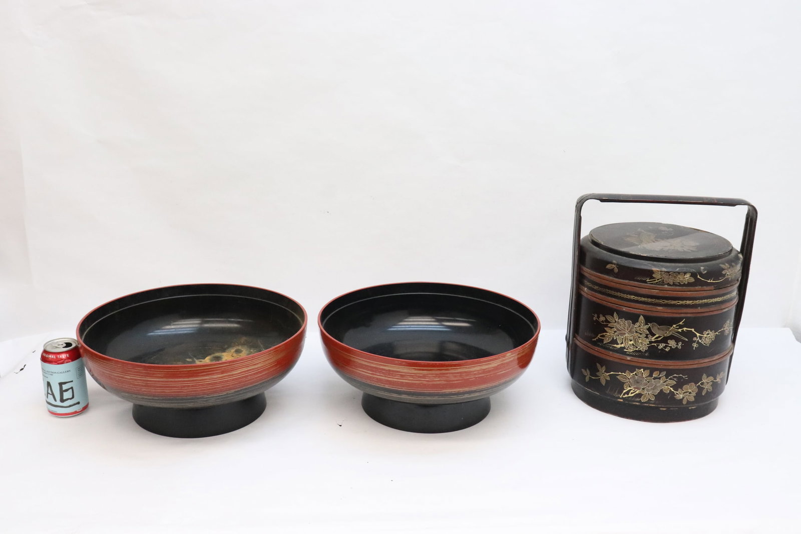 2 large lacquer bowls, and a lacquer basket: 2 large lacquer bowls (6.3"x14.6"dia), and a lacquer basket (14.2"x11.8"x10.95")