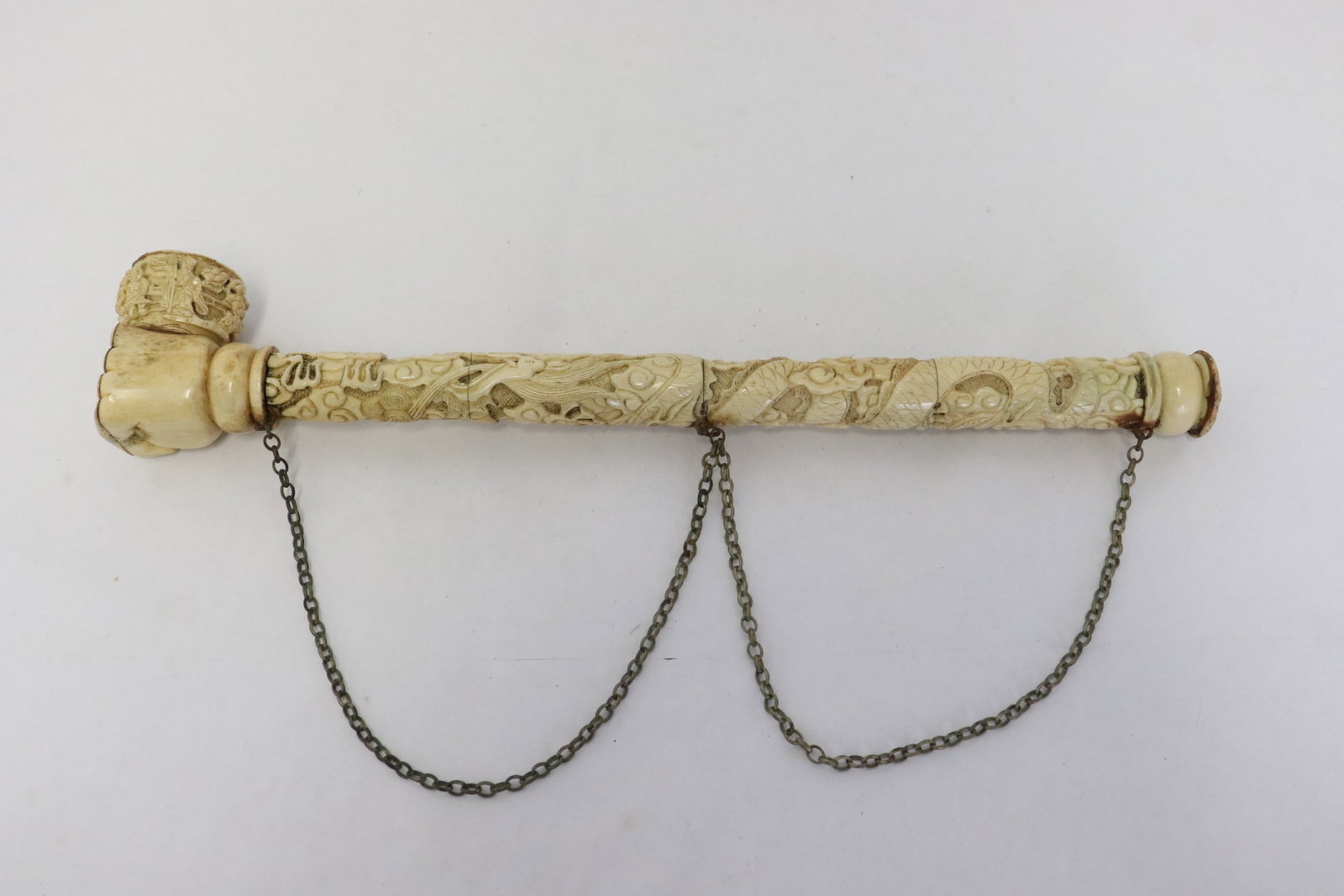 Large Chinese bone carved ornament: Large Chinese bone carved ornament, a pipe(?), 15.5"L