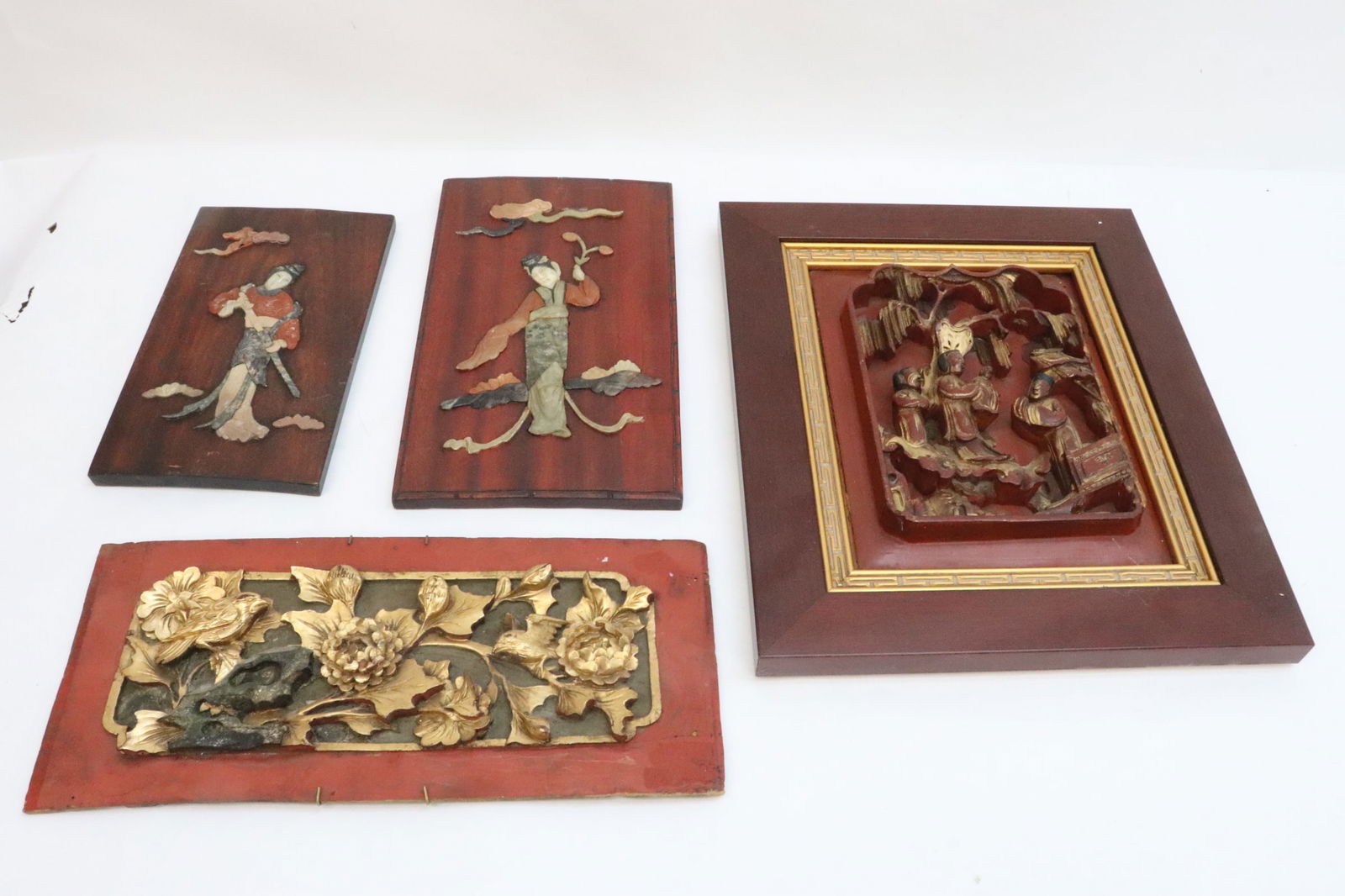 4 Chinese antique wood carved panels: 4 Chinese antique wood carved panels, 10"x5.8" - 15"x12.4"