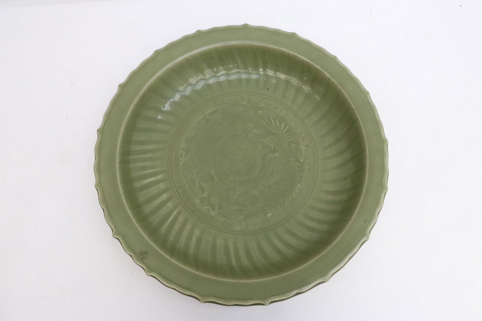 Fine Chinese vintage celadon charger: Fine Chinese vintage celadon charger, 2.9"x16.3"dia