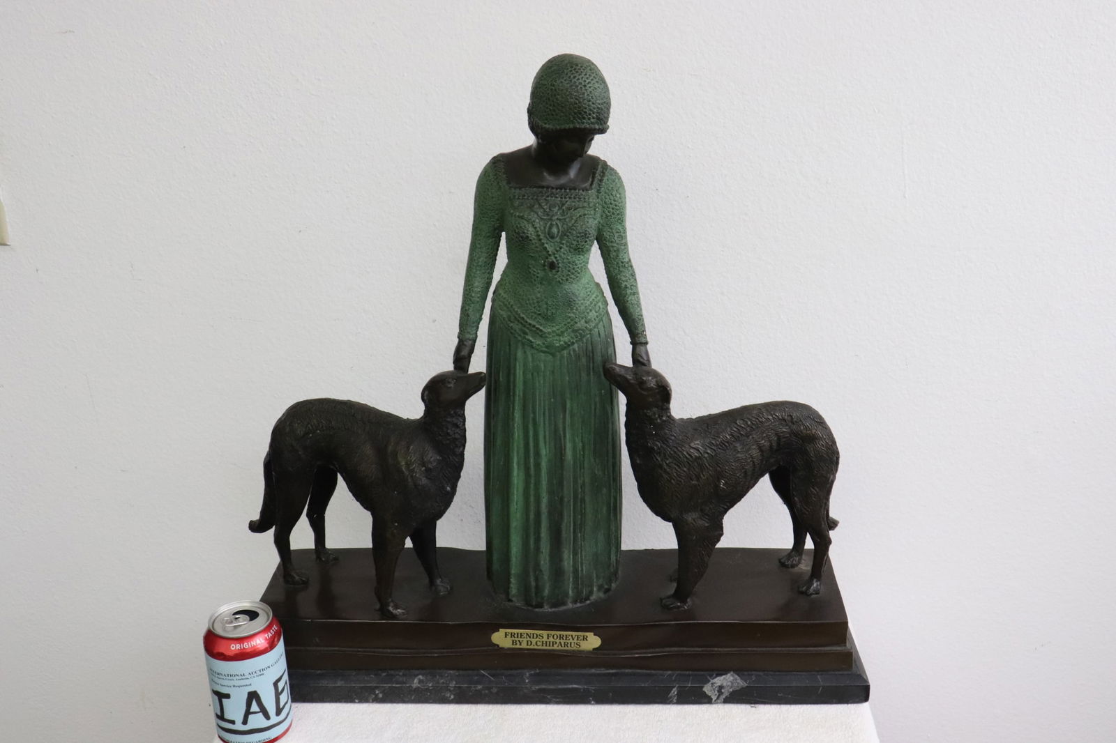 art deco style bronze sculpture depicting lady with 2 dogs (1 of 12)