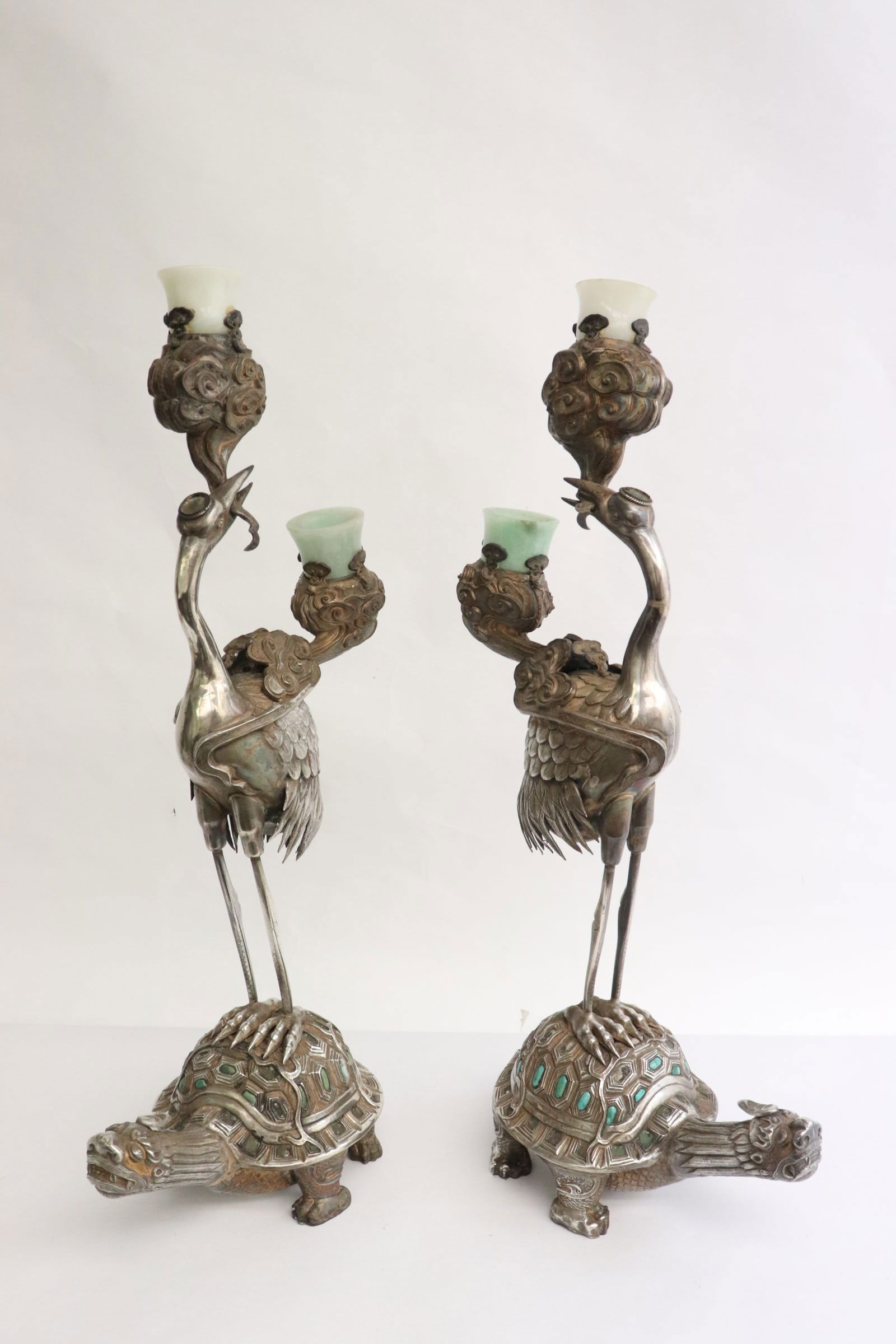 Pair Chinese antique crane motif silver candle holders (1 of 13)