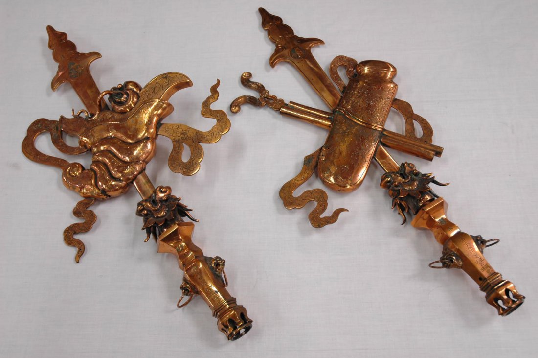 Pair Chinese antique copper ceremonial temple post: Pair Chinese antique copper ceremonial temple post finales decorated with dragon and 8 treasure motif, each signed by the family who donated these to the temple (31.1"L each, one 12.4"W, the other 15.