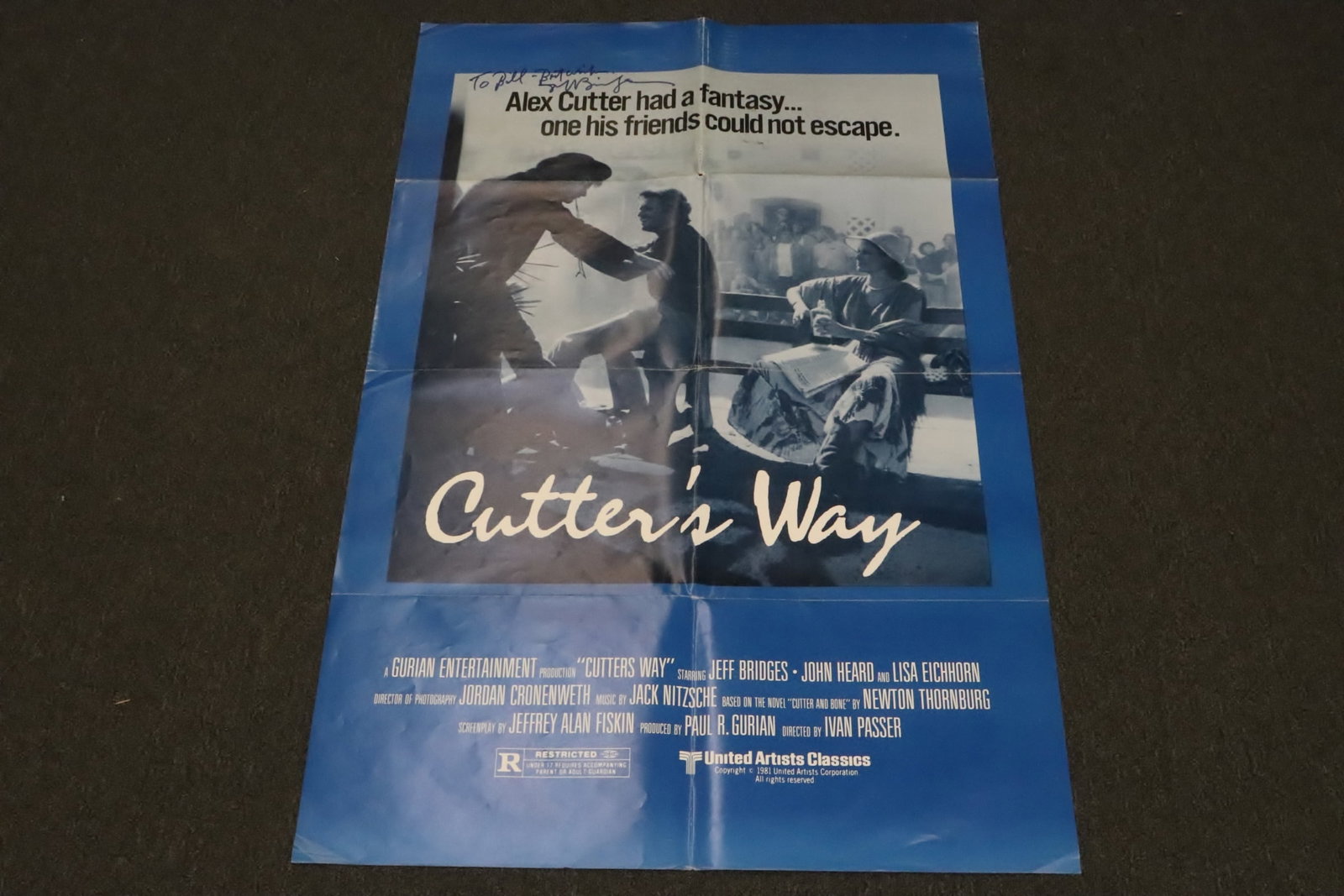 Movie poster "Cutter's Way" signed by Jeff Bridges: Movie poster "Cutter's Way" signed by Jeff Bridges, 40.3"x27"
