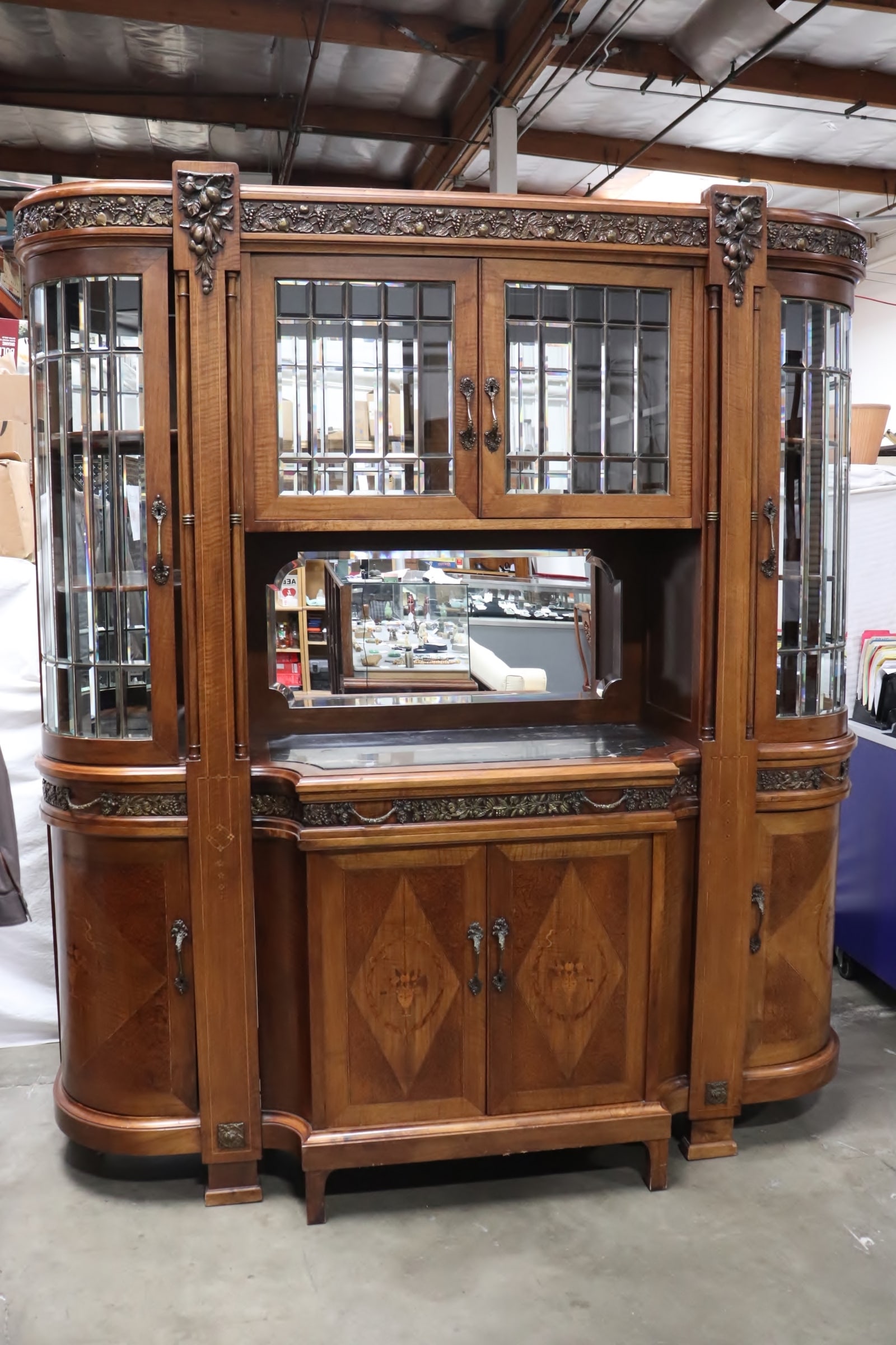 late 19th century French walnut sideboard: A beautiful late 19th century French walnut sideboard with beautiful inlaid and beveled glass doors, 92"x81.8"x23.7"