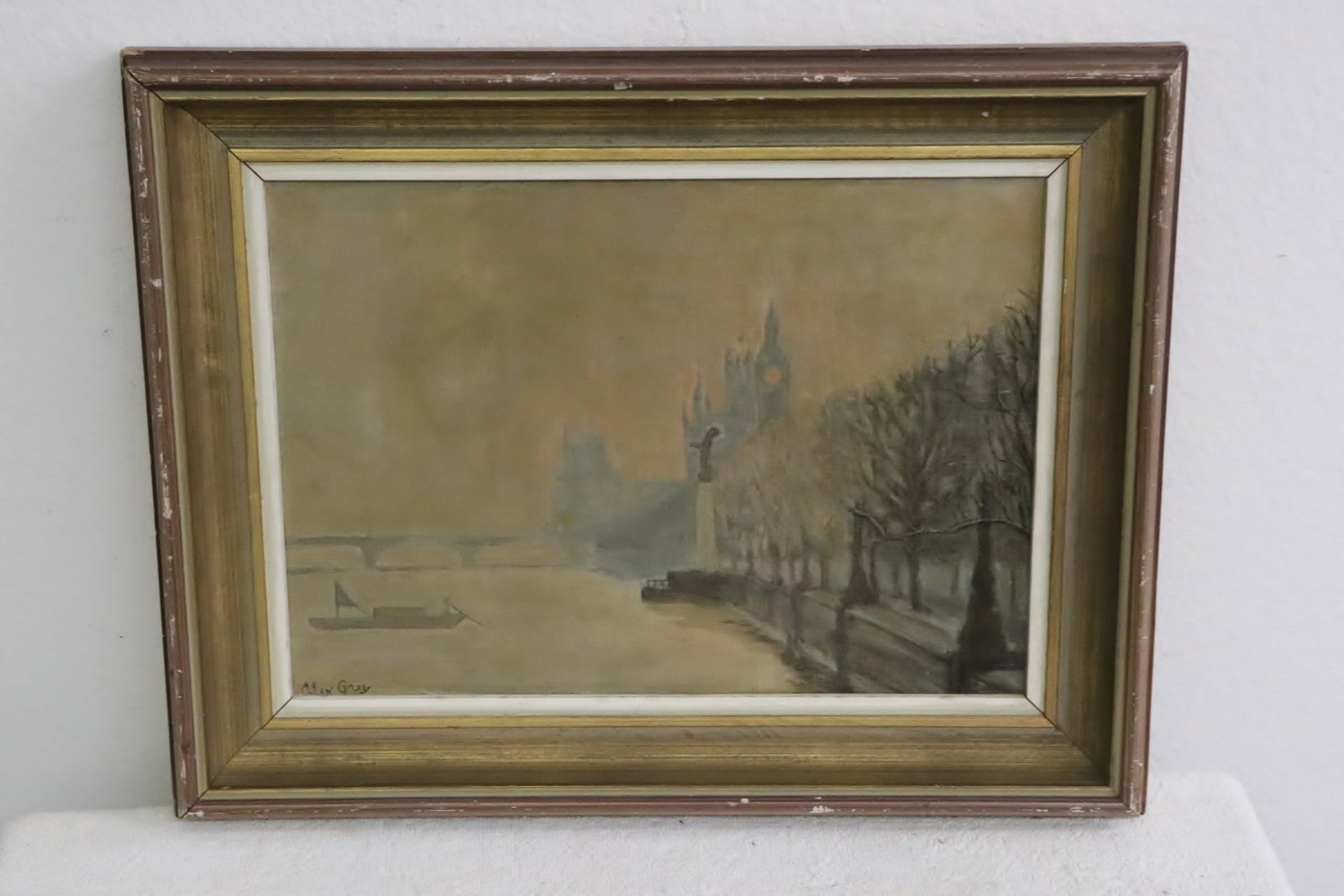 Oil on canvas "river scene" by Alex Grey: Oil on canvas "river scene" by Alex Grey, 9.6"x13.4"