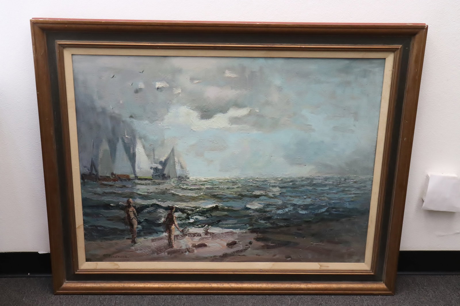 Large oil on canvas, signed Constantine: Large oil on canvas "seashore scene with sail", signed Constantine, 29.5"x39.7"
