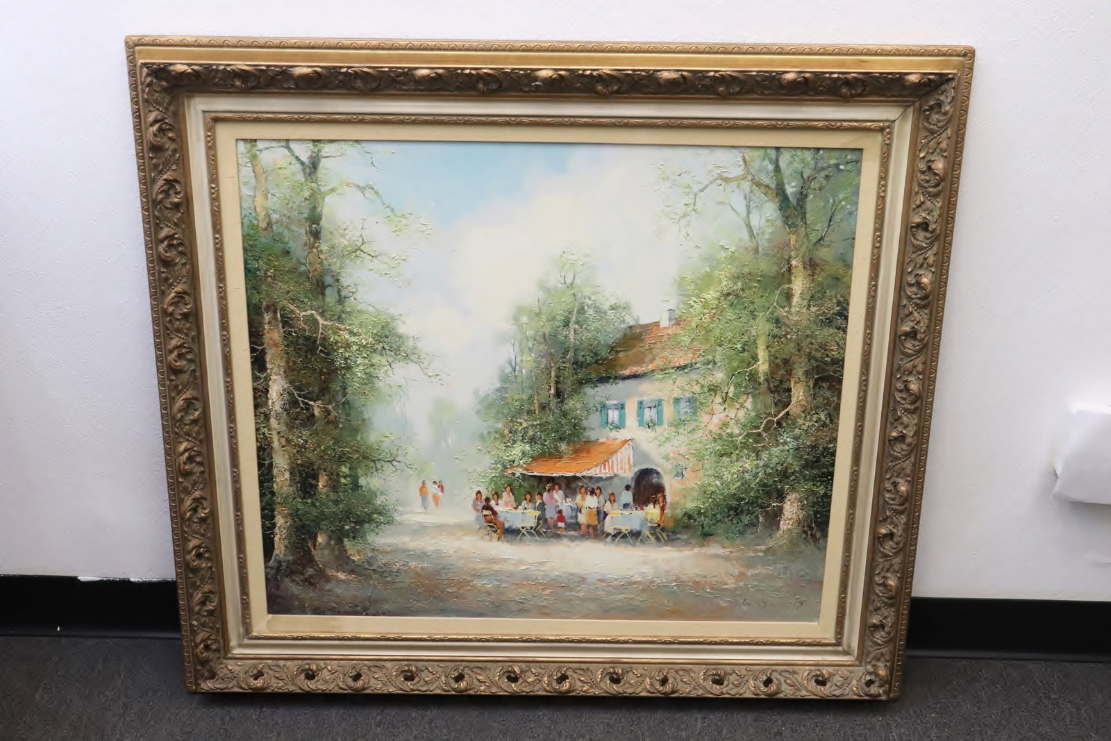 large oil on canvas painting by Willi Bauer: Fine large oil on canvas painting "country scene with food stand" by Willi Bauer (Germany, 1923- ), 26.7"x30.6"
