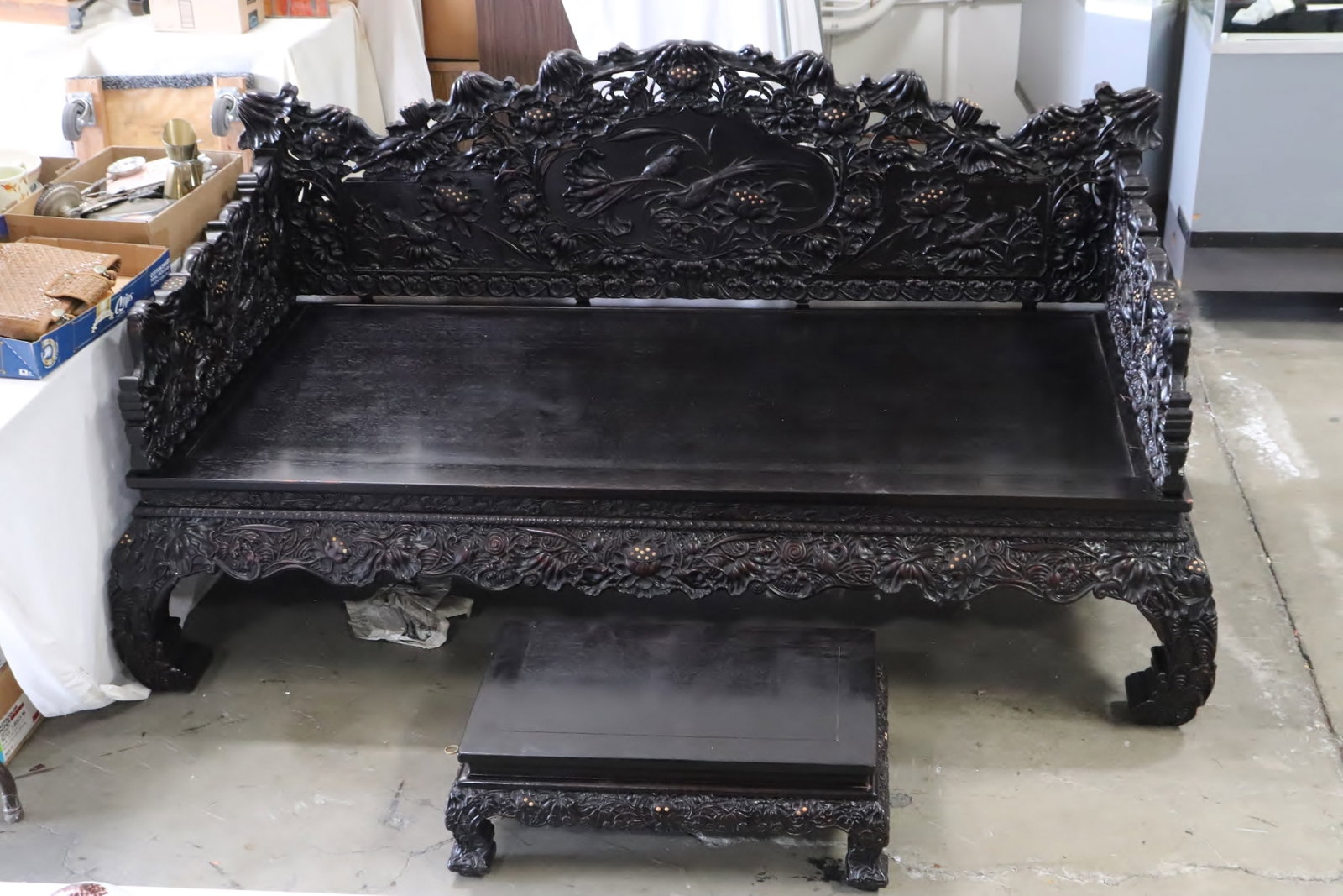Chinese carved wood Lohan bed w/ matching stool: A Chinese elaborately carved wood Lohan bed (43.3"x82.8"x44") with matching stool (10"x29.5"x18.3")