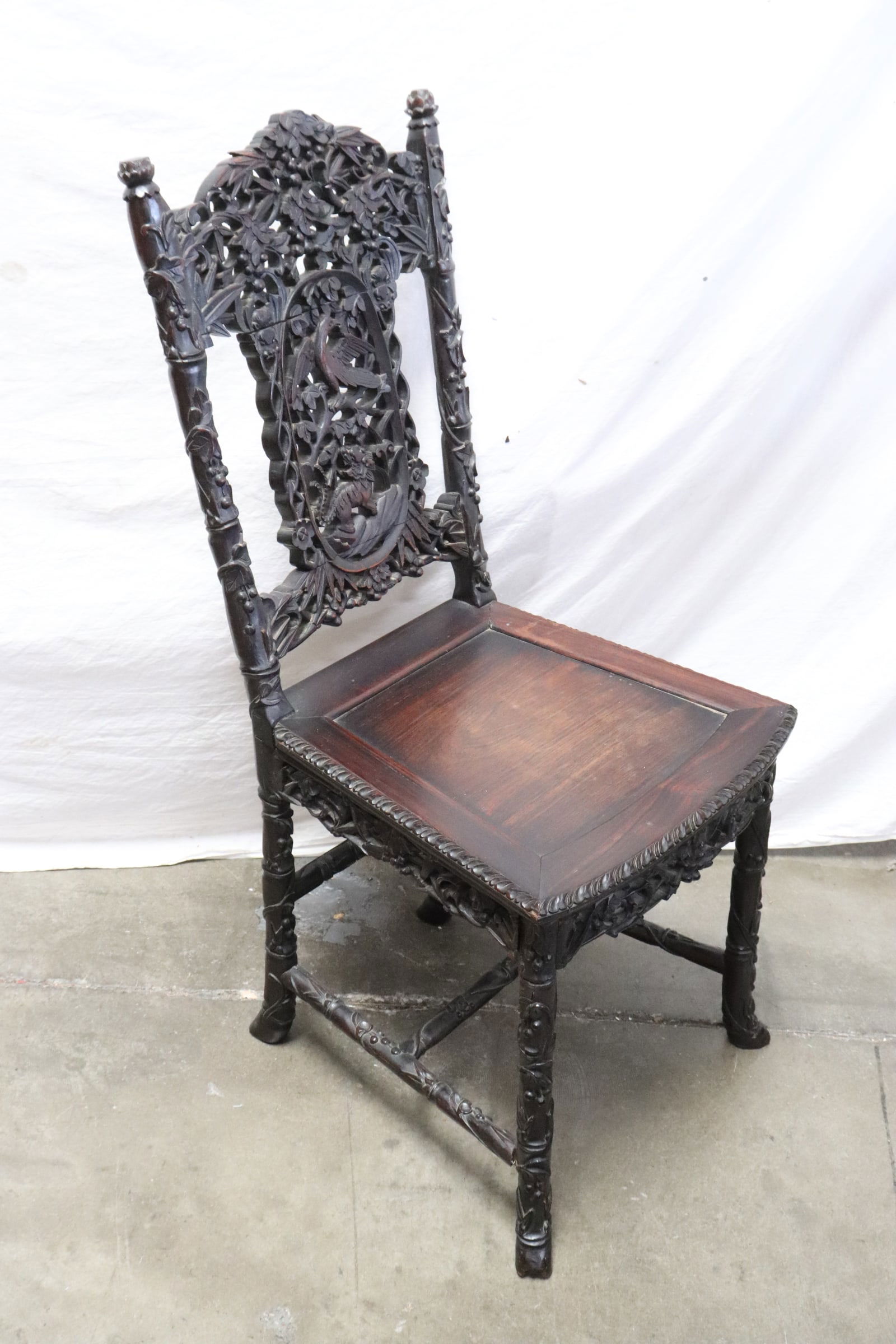 Chinese antique rosewood carved side chair: A beautiful Chinese antique very heavy rosewood carved side chair, 37"x21"x17.4"