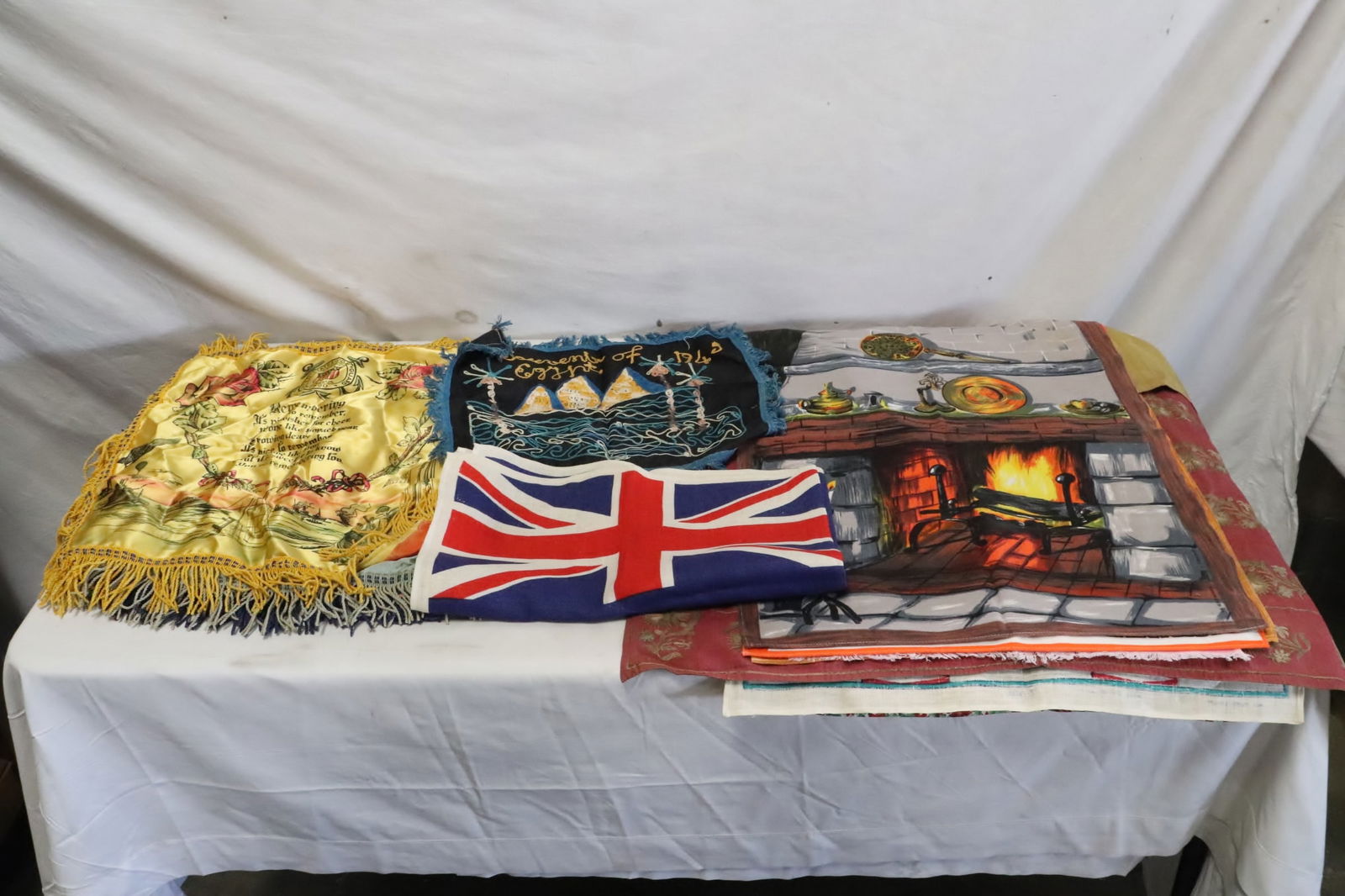 9 table napkins, & 4 silk banners: 9 table napkins marked "France", etc., and 4 silk banners, 11.3"x14.8" - 30"x30"