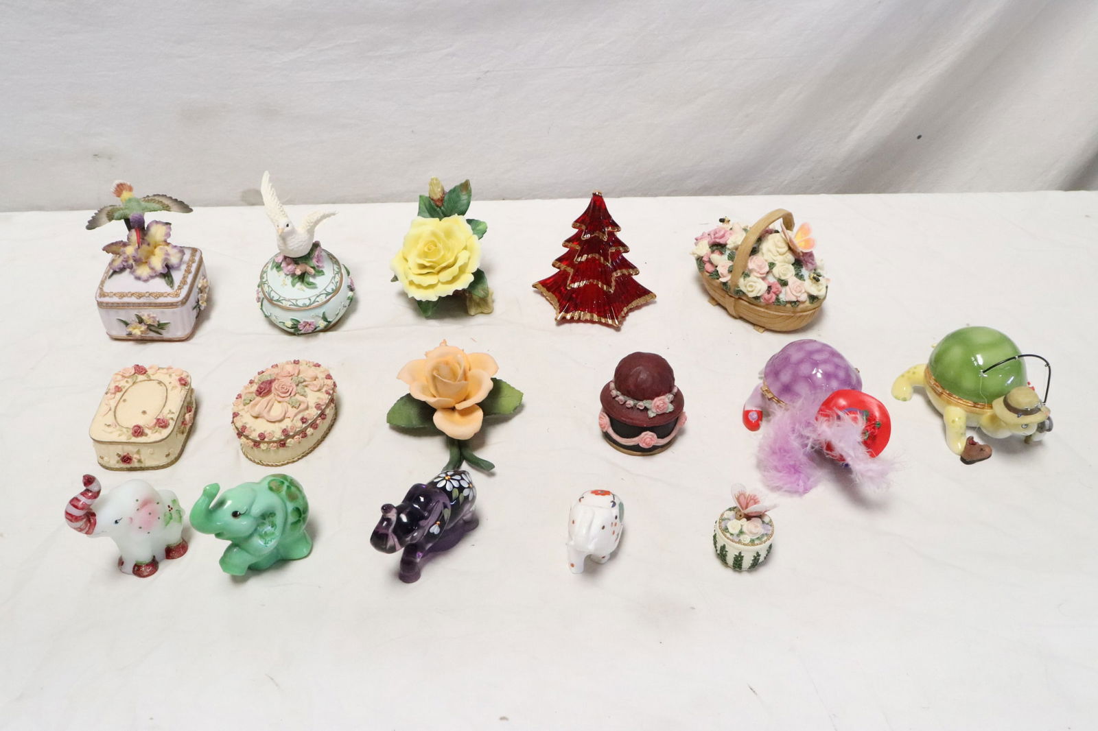 Lot of misc.: Lot of ornaments (2.4"H - 4.6"H), music boxes, hand painted boxes, art glass animals, bisque flowers