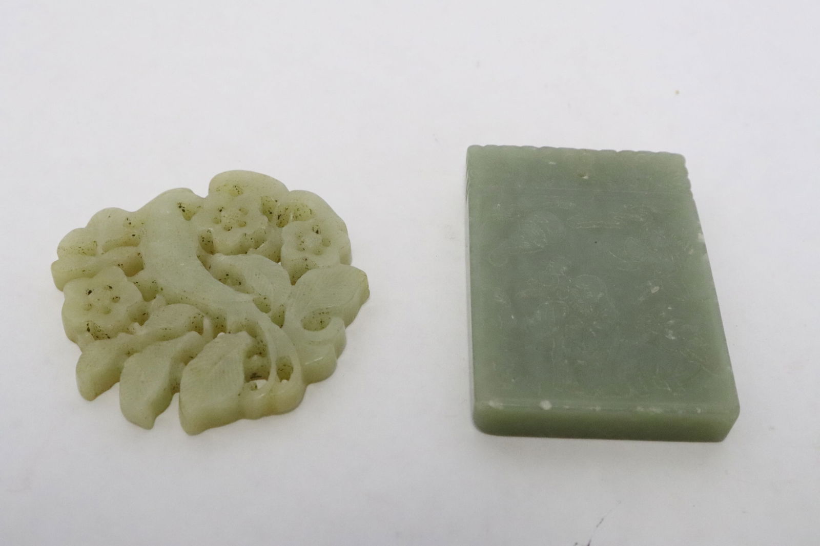 2 Chinese celadon jade carved ornaments: 2 Chinese celadon jade carved ornaments, 0.2"x2"x1.98", 0.28"x2.2"x1.5"