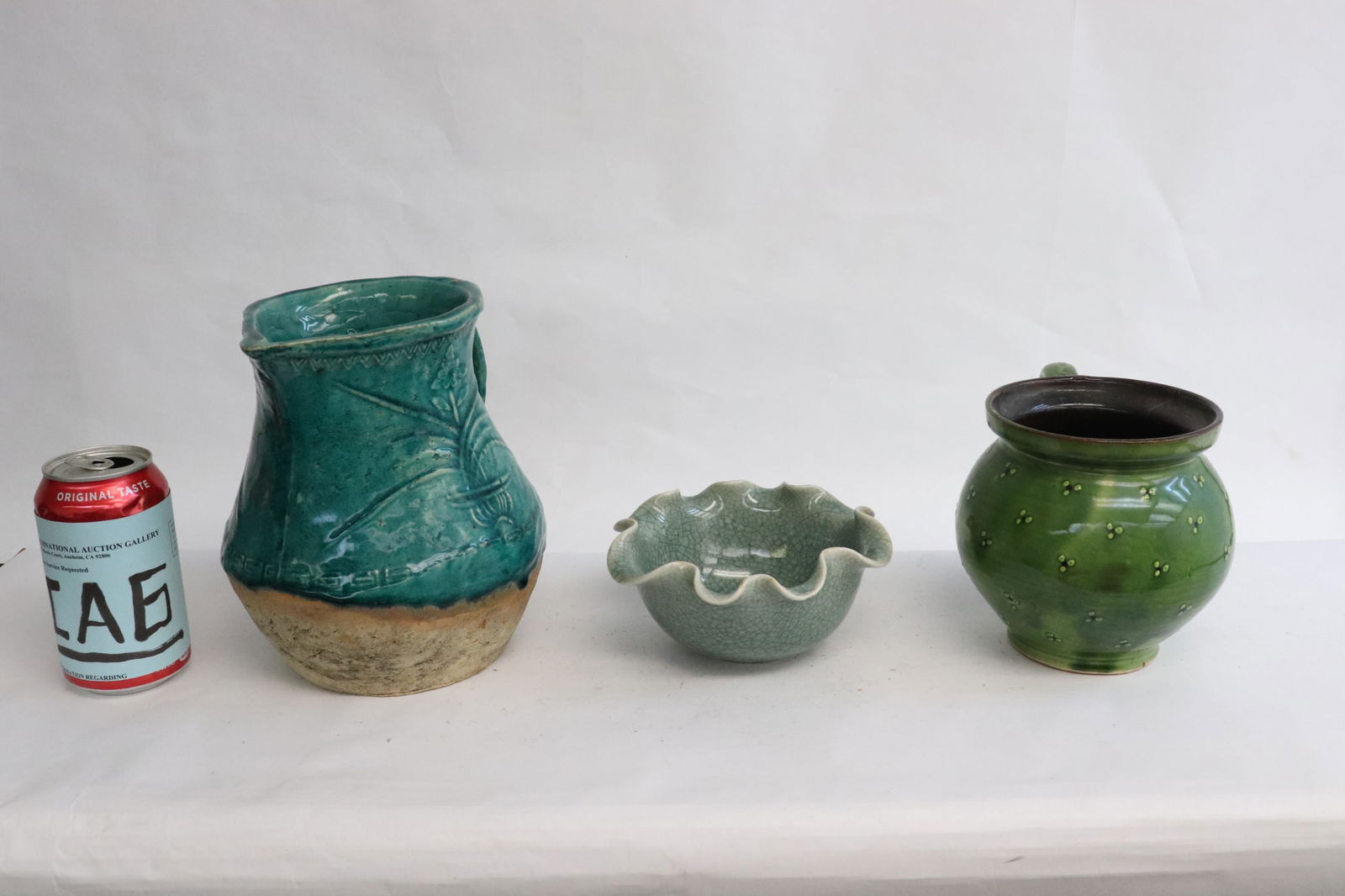 2 green glazed pitchers, & a crackleware bowl (1 of 11)