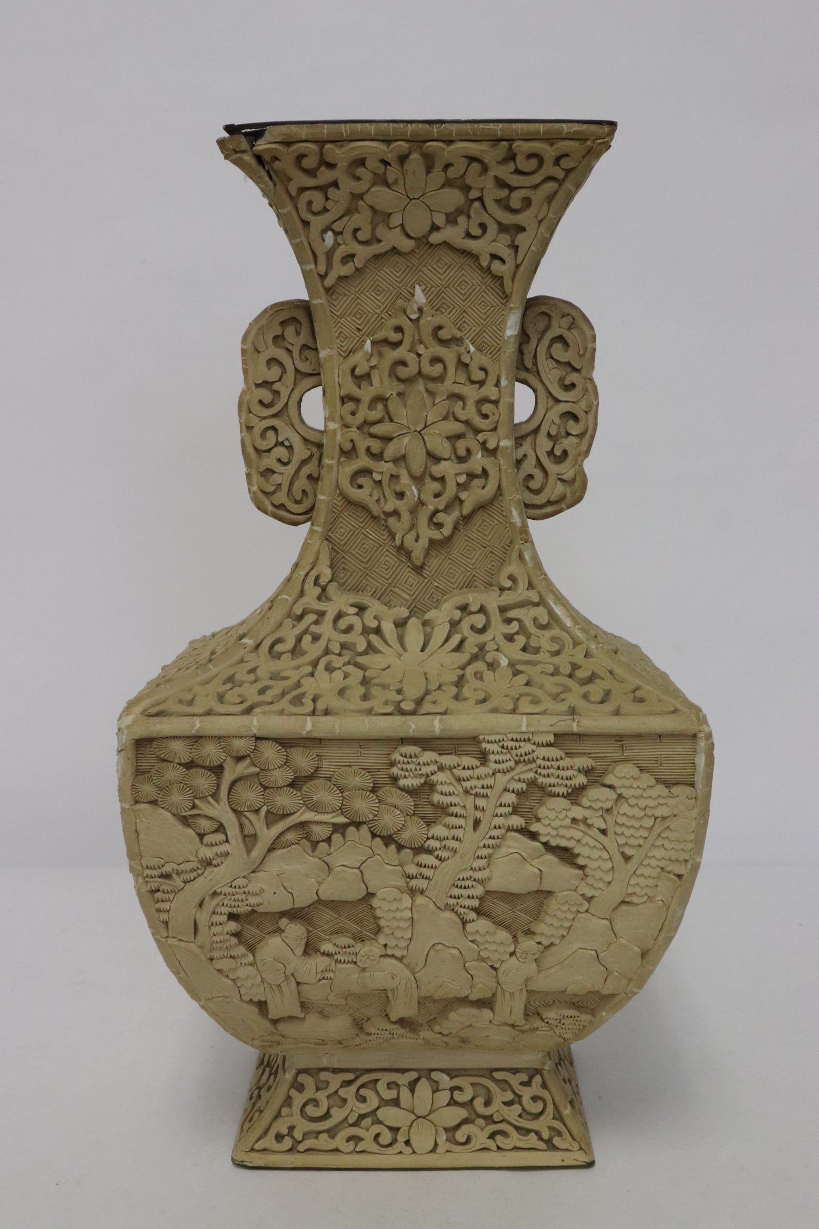 Chinese cinnabar vase, chips: Chinese cinnabar vase, chips, 12.5"x6.75"x5.2"