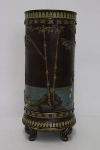 A beautiful large Mettlach vase: A beautiful large Mettlach vase with decoration in relief (small losses on decoraiton), 13.7"x6.85"x6.85"