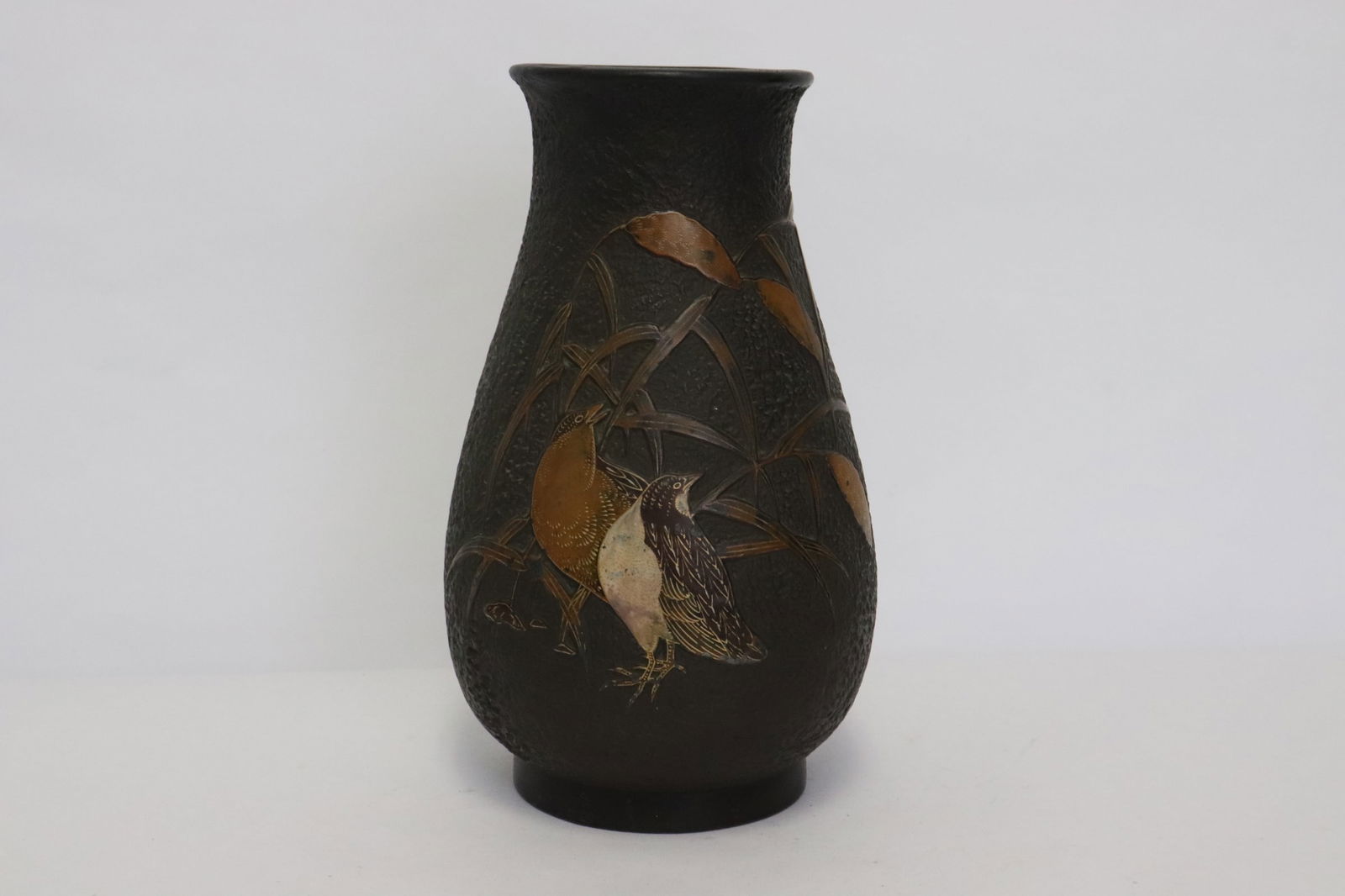 antique Japanese earthenware jar overlay w/ cloisonne: Rare antique Japanese earthenware jar overlay with cloisonne decoration to depict birds and flowers, 9.85"x6"dia