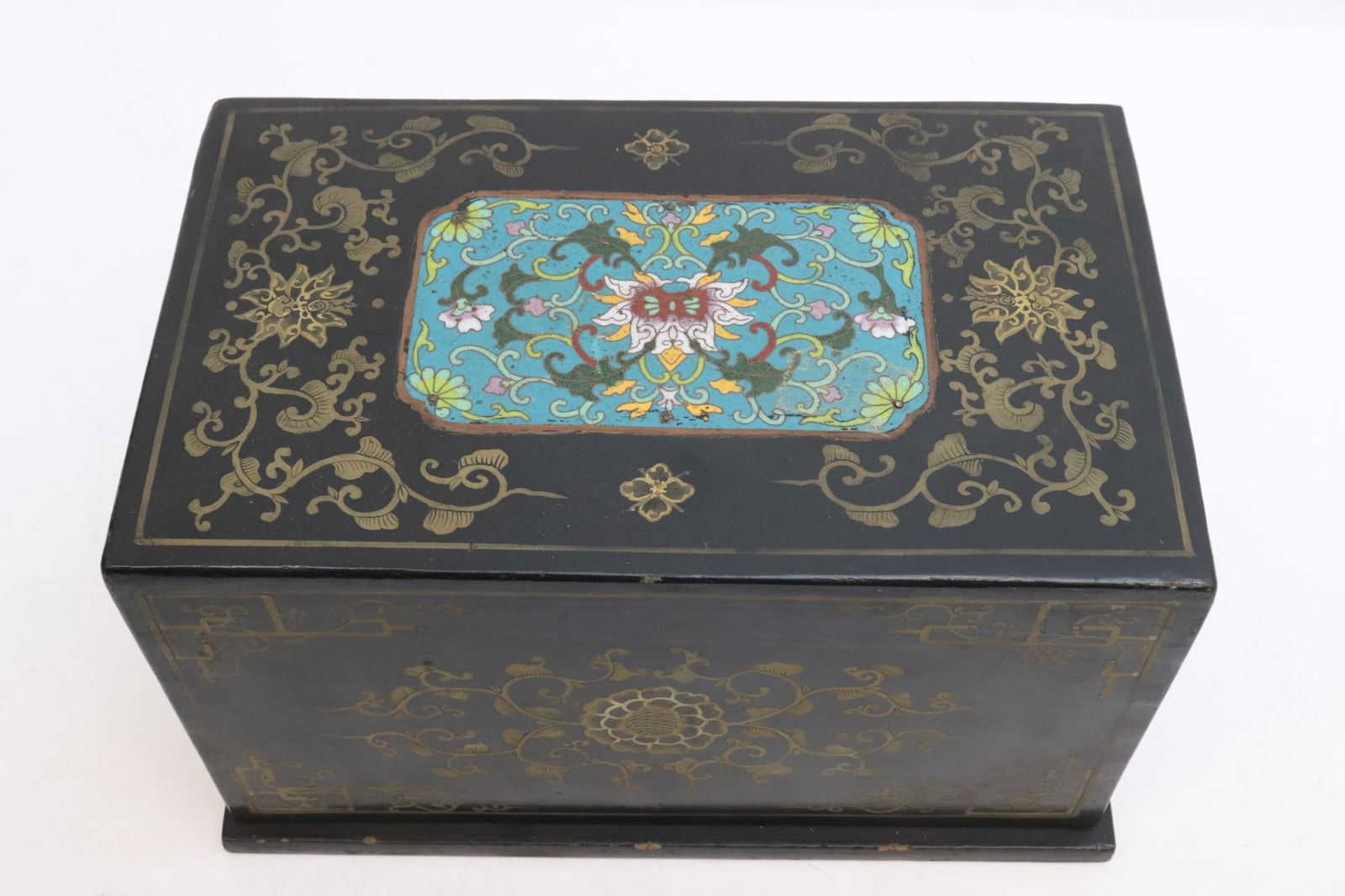 Chinese lacquer box decorated w/ cloisonne panel (1 of 8)