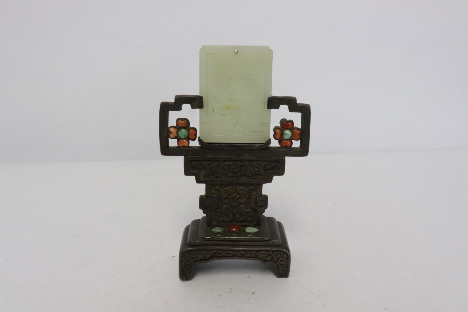 antique Chinese/ Tibetan silver ornament stand w/ jade plaque (1 of 9)