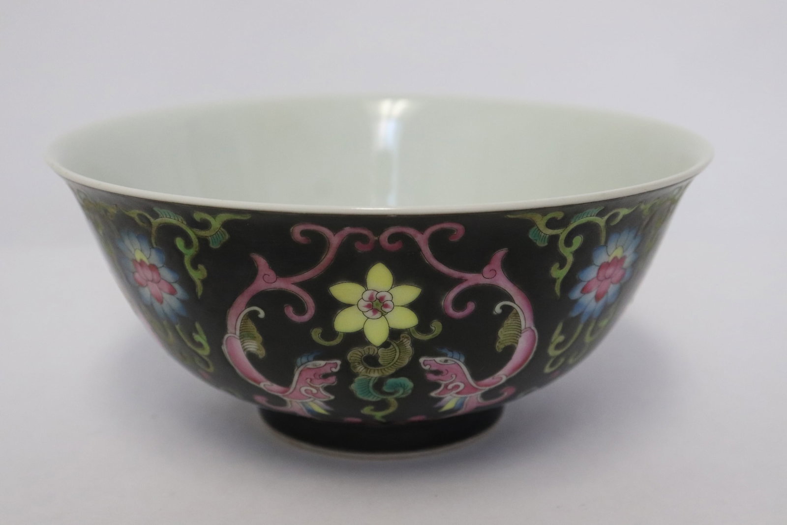 Unusual famille noir porcelain bowl: Unusual famille noir porcelain bowl, 2.9"x6.4"dia
