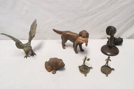 Lot of misc.: Lot of misc.; spelter sculpture of dog (7.1"H), an eagle sculpture (8.4"H), vintage microphone (7.8"H), cast iron frog (3"H), door stop (3.3"H), etc.