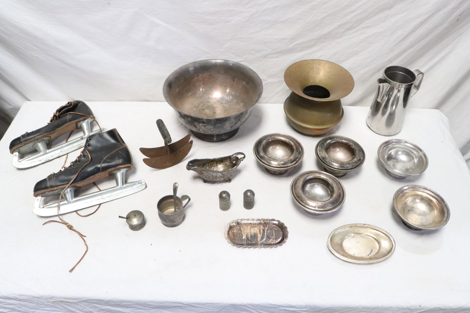 Pair ice skating shoes, & misc. silverplate items (1 of 9)