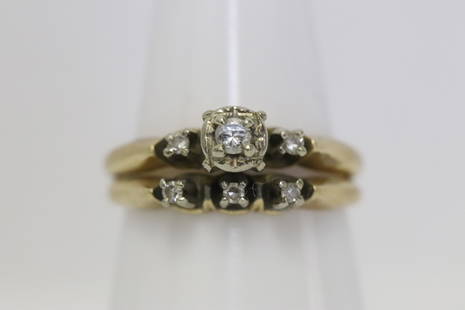 Victorian 14K Y/G diamond wedding set: Victorian 14K Y/G wedding set, set with 5 fine diamonds, tdw approx. 0.10ct, wt. 3.7gm, size 5