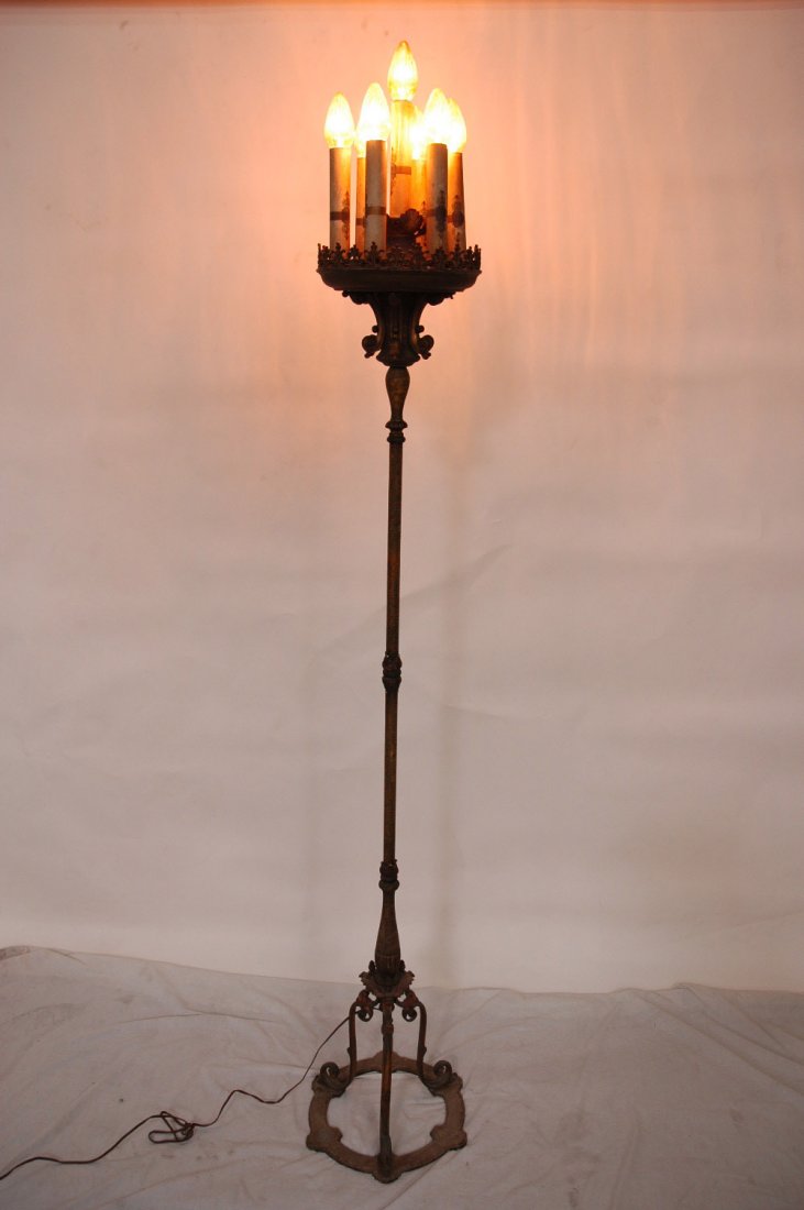 A large 7-light bronze Torchiere floor lamp: A large 7-light bronze Torchiere floor lamp with gothic style (78"Hx14.5"x13.5")