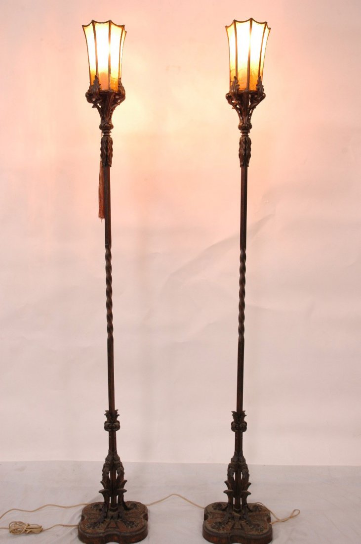Pair 19th century bronze Torchiere floor lamp: Pair 19th century Torchiere bronze floor lamps with fancy base (one panel of shade crack) (66"Hx9.5"x9.5")