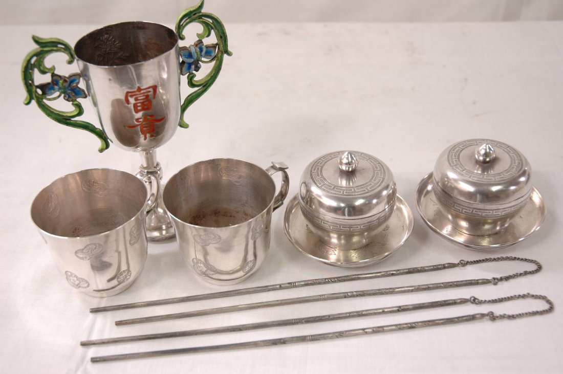 9pc Chinese antique silverware: 9pc Chinese antique silverware, including a trophy with enamel, 2 cups, 2 covered bowls with stand, and 2 pr. Silver chop sticks, total 550gm
