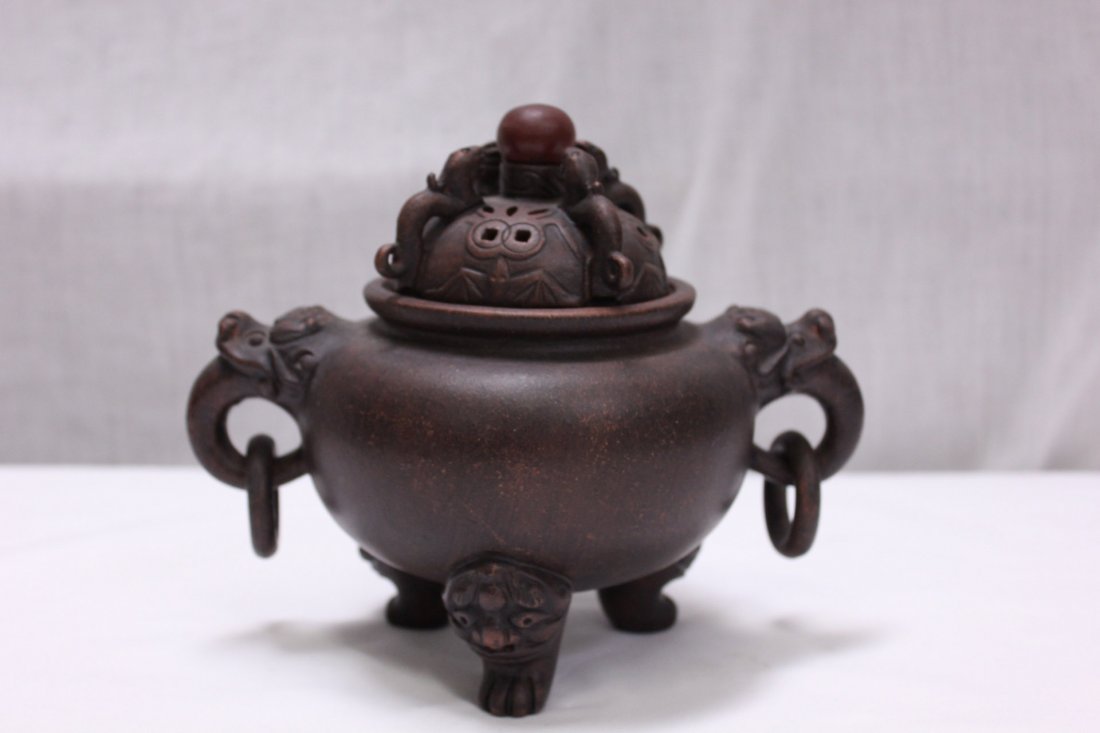 Chinese Yixing clay incense burner: Chinese Yixing clay incense burner decorated with qilin motif (6.5"Hx8.75"x5.5")