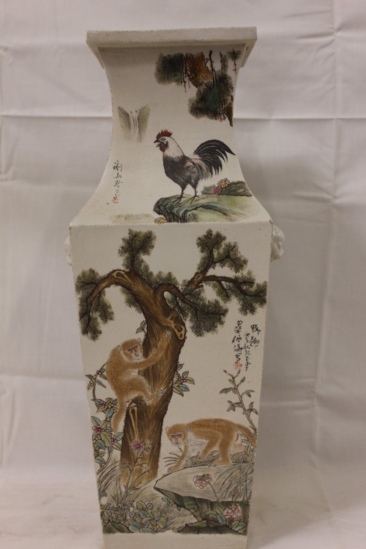 Chinese vintage wucai porcelain square vase: Chinese vintage wucai porcelain square vase with panels painted in trees and fairy tales (16.7"Hx7.2"x6.2")