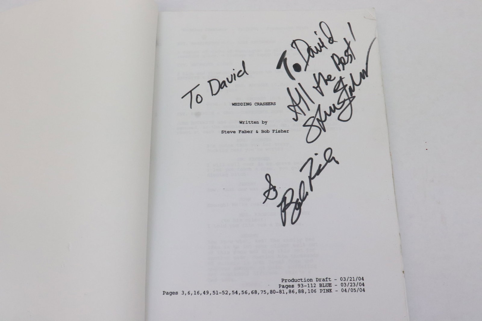 Movie screenplay signed by Steve Faber & Bob Fisher: Movie "wedding crashers" screenplay signed by Steve Faber and Bob Fisher