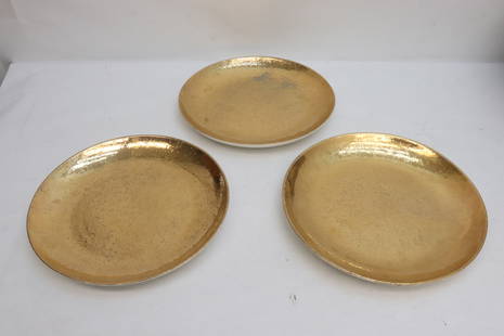 3 large gold gilt porcelain plates by Sascha Brastoff: 3 large gold gilt porcelain plates by Sascha Brastoff, 1.25"x11.65"dia