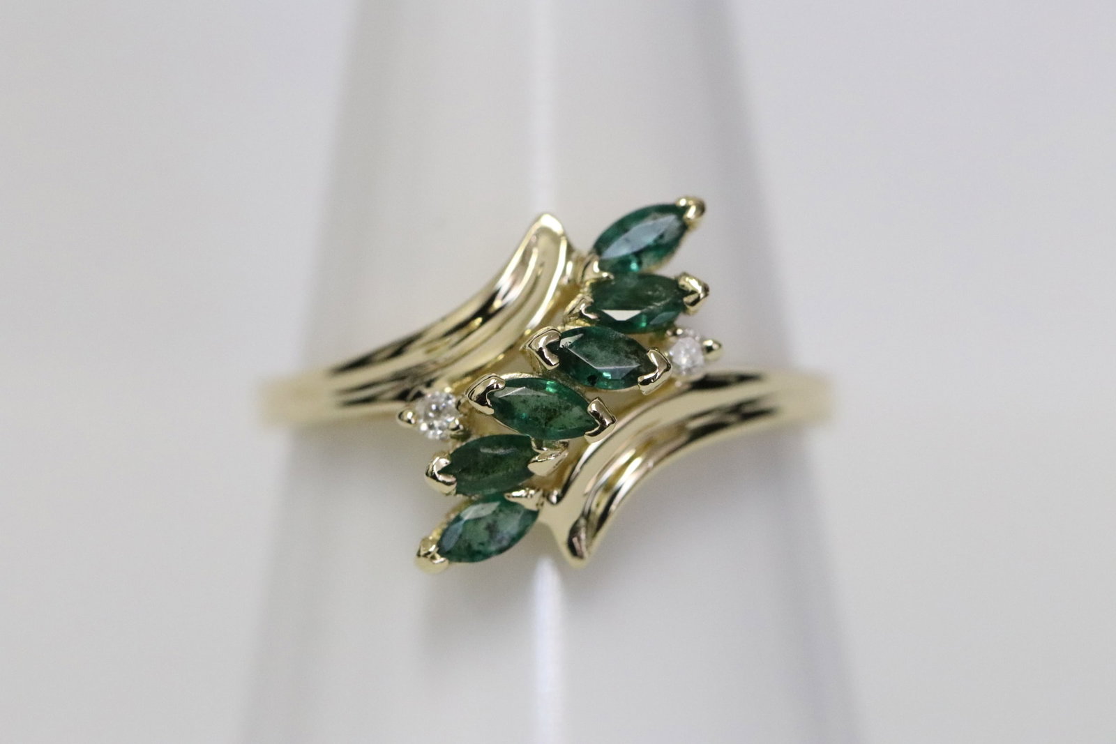 14K emerald and diamond ring: 14K emerald and diamond ring, total emerald approx. 0.30ct, wt. 2.7gm, size 8