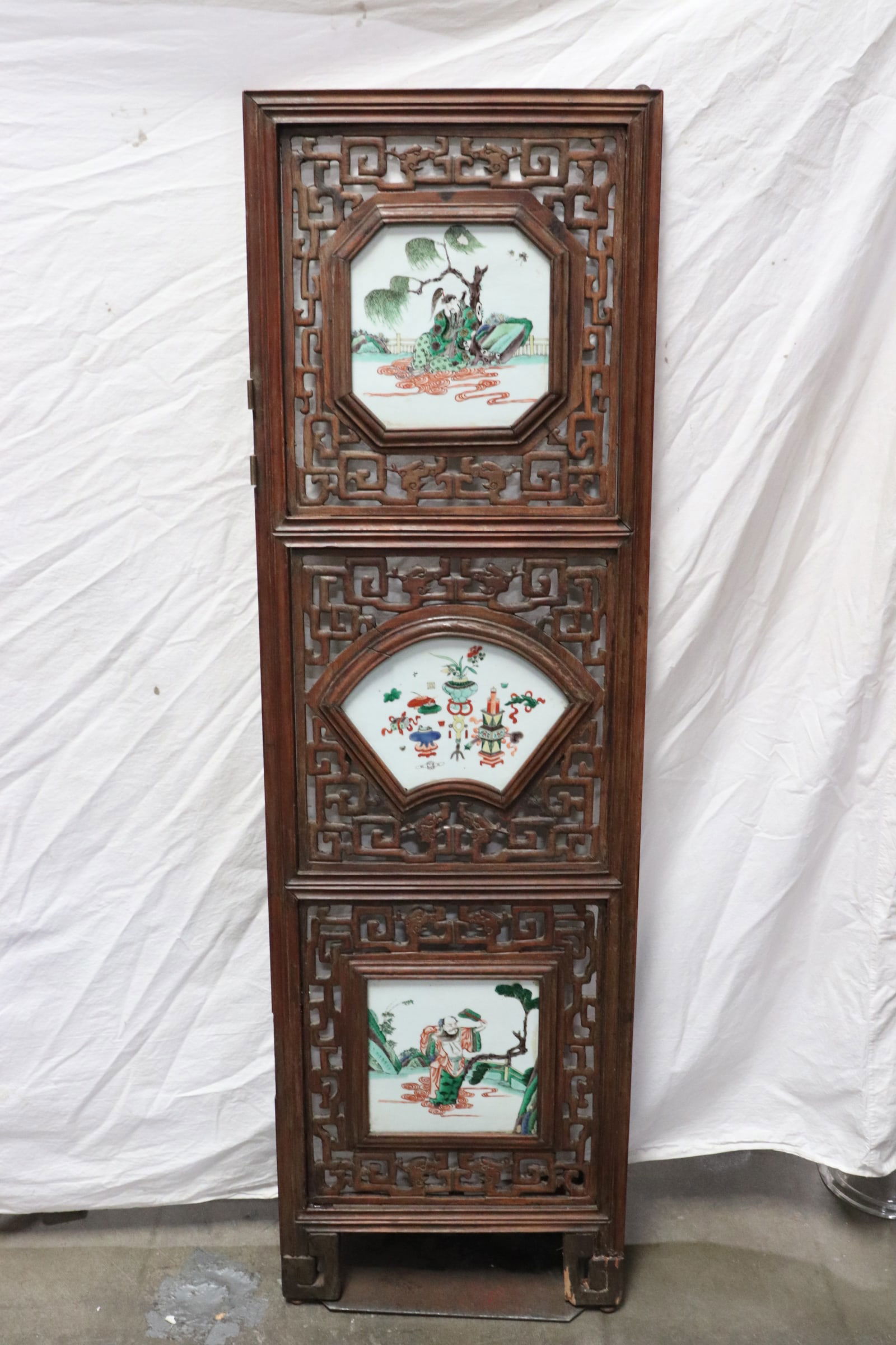 Chinese 19th c, wood panel w/ 3 porcelain plaques (1 of 8)