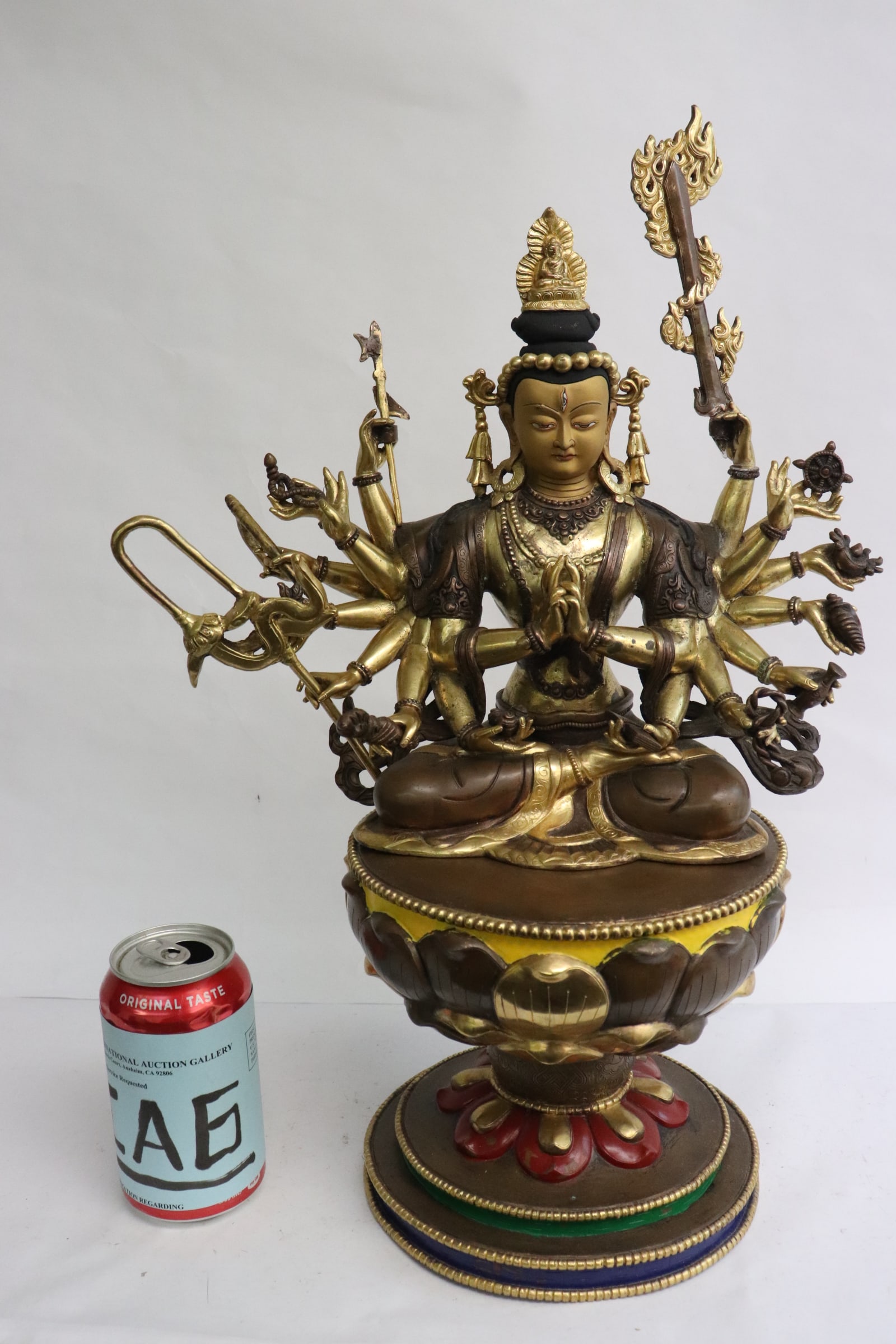 Chinese vintage parcel gilt bronze sculpture: Very fine Chinese vintage parcel gilt bronze sculpture of deity, back panel missing, 19"H