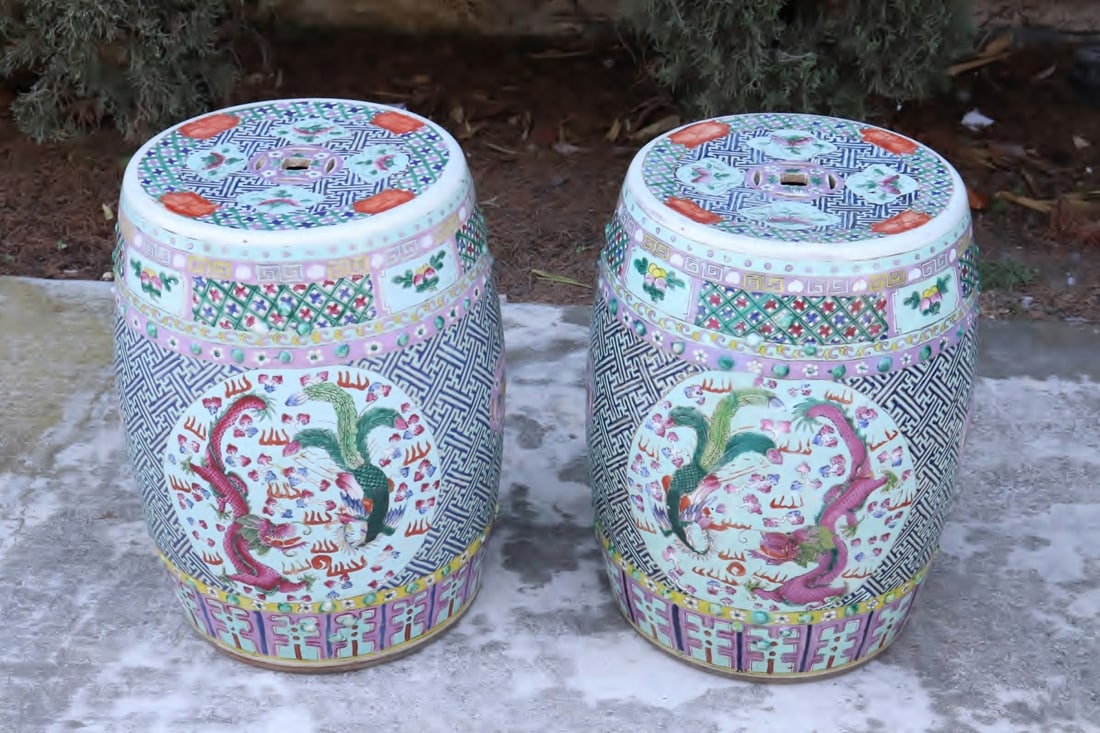 Pair Chinese vintage porcelain garden stools (1 of 11)