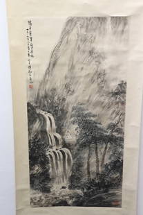 Chinese watercolor on rice paper scroll: Chinese watercolor on rice paper scroll "mountain landscape with people", 39.4"x19.5"