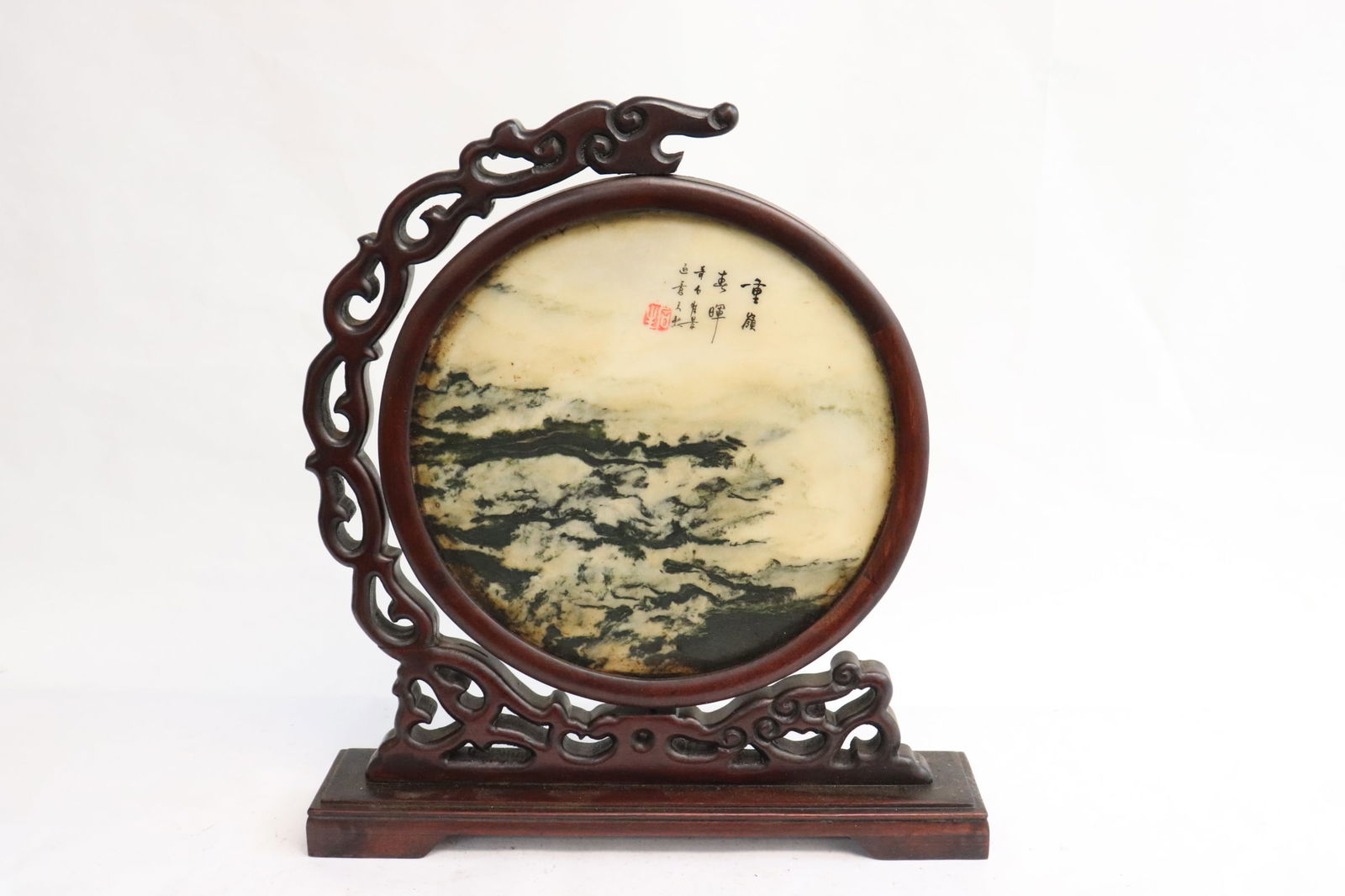 Chinese round marble plaque on stand (1 of 7)
