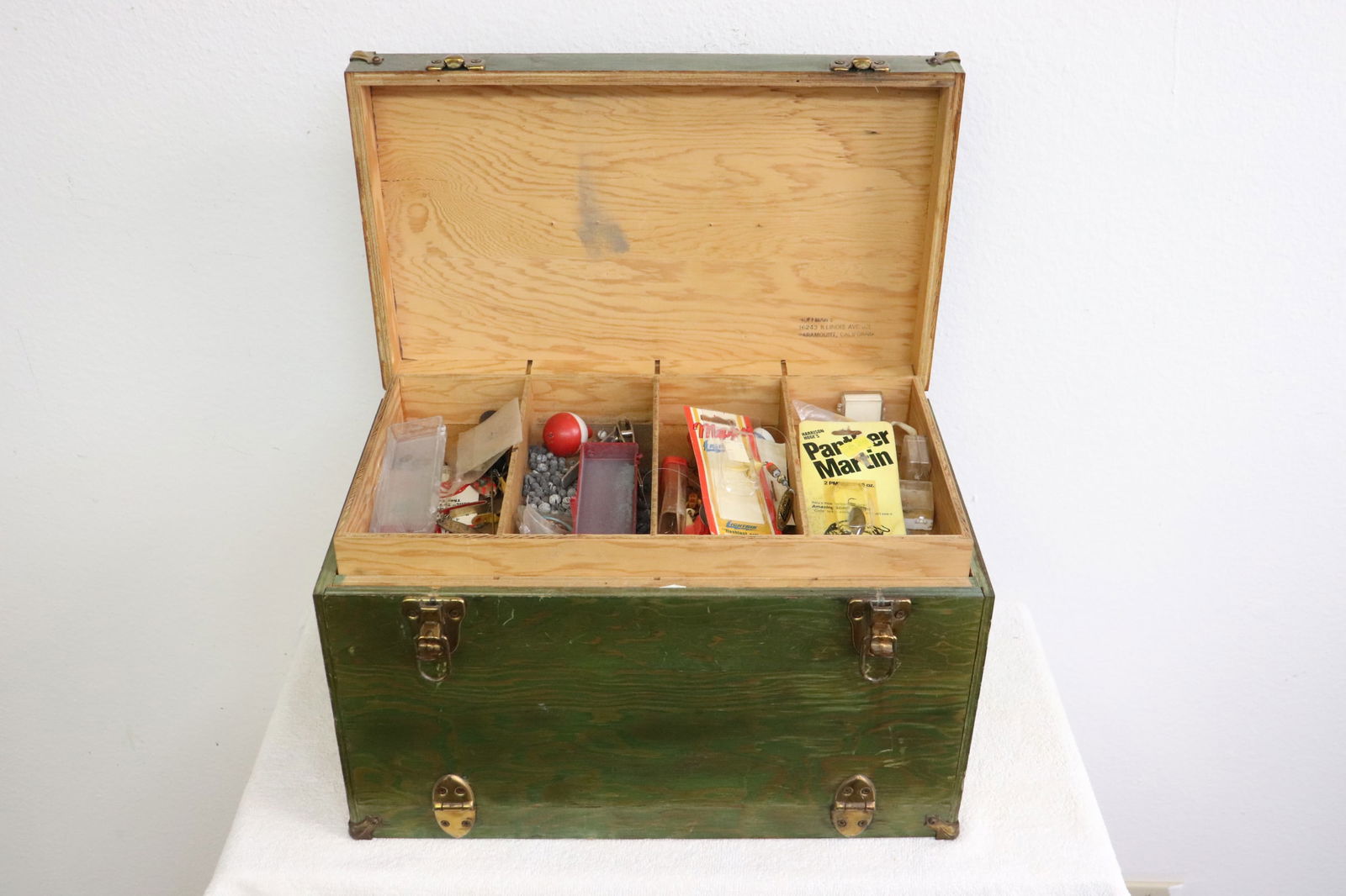 A wood fishing tackle box with contents (1 of 10)